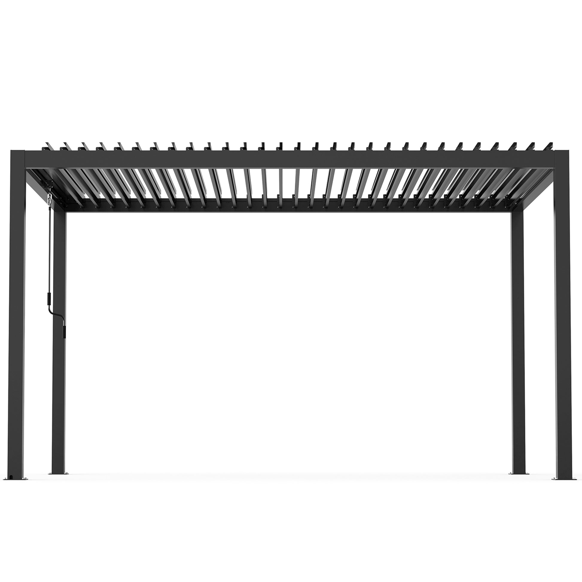 Modern charcoal grey metal pergola with adjustable louvers for outdoor living