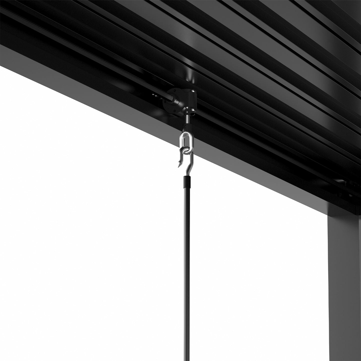 Black aluminum pergola slat with integrated hook and adjustable cord for securing accessories