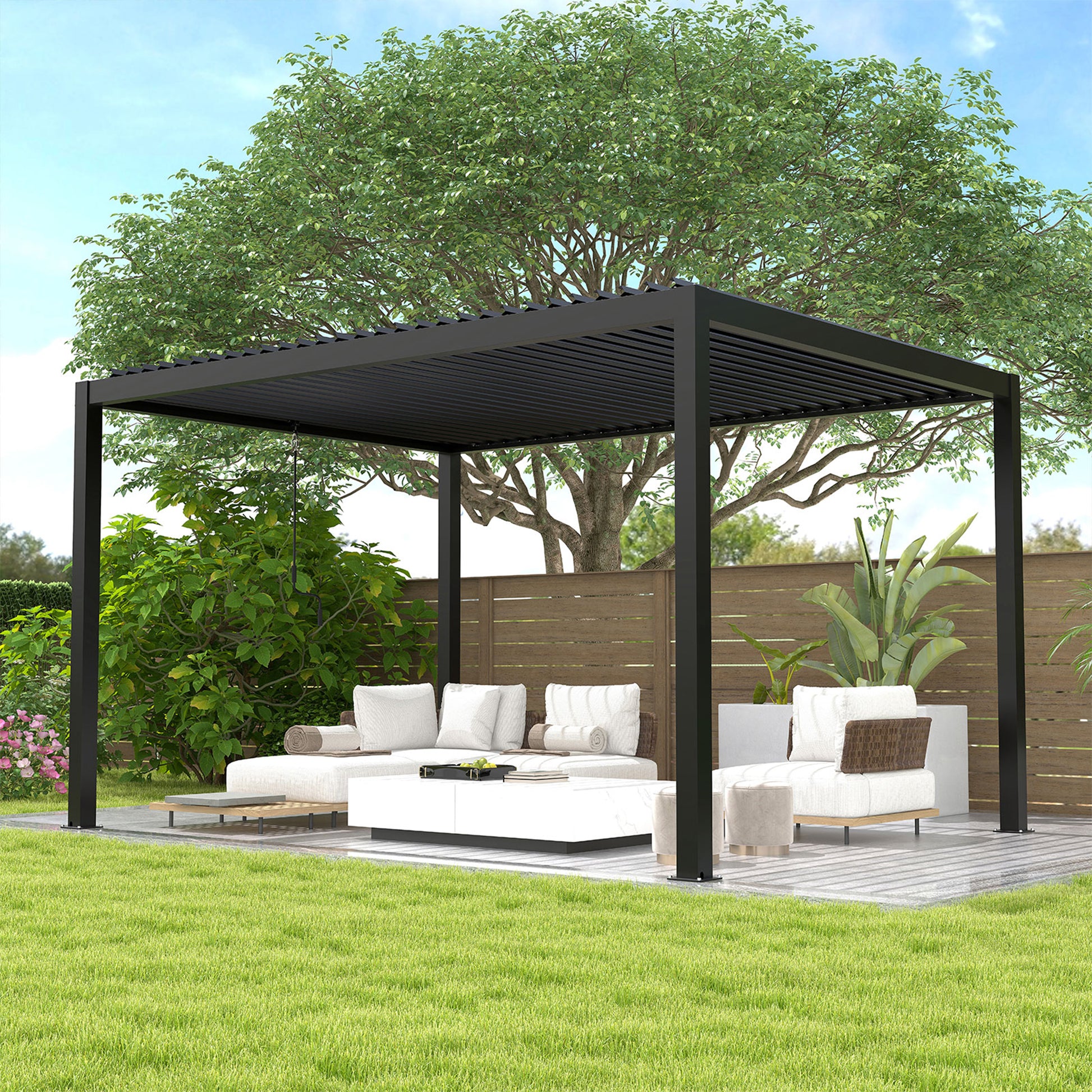 Modern black louvered pergola providing shade over an outdoor living space with white sectional sofa