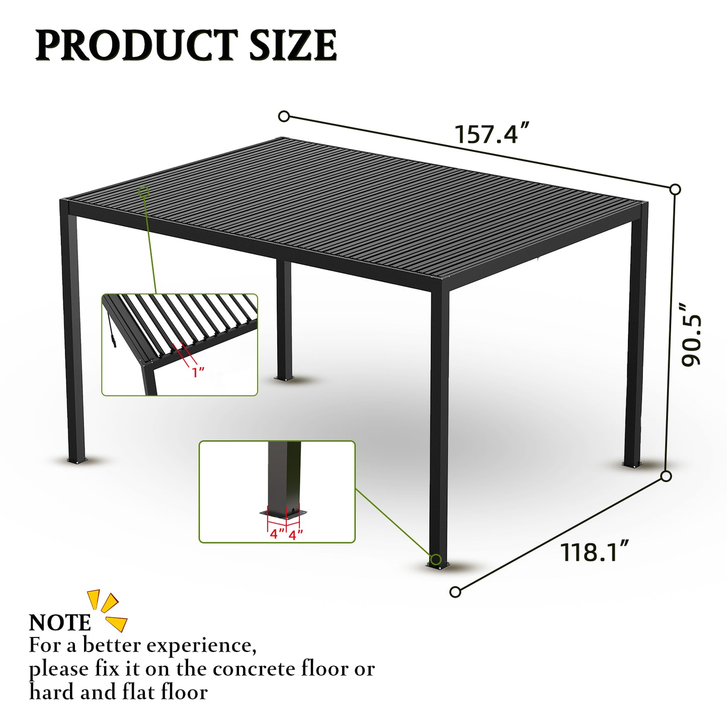 Black metal pergola with slatted roof  L x  W x  H dimensions
