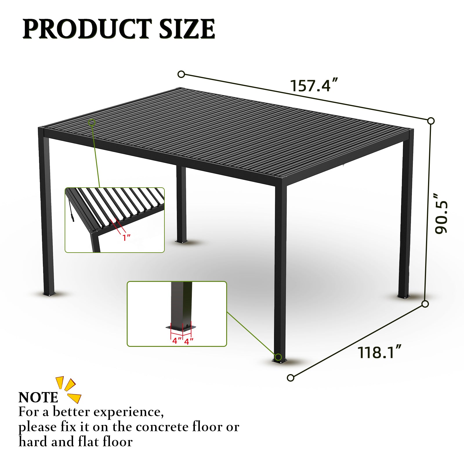 Black metal pergola with slatted roof  L x  W x  H dimensions