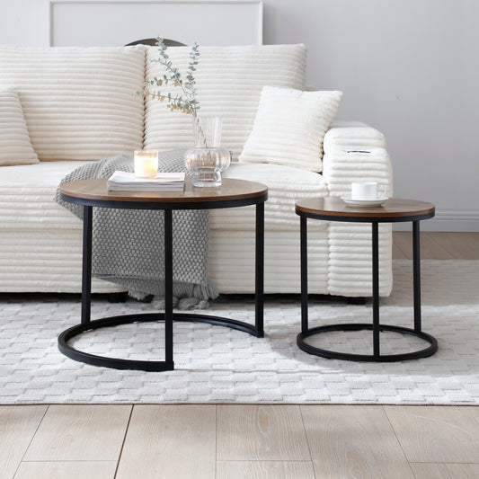 Round oak coffee table with black metal legs perfect for living rooms