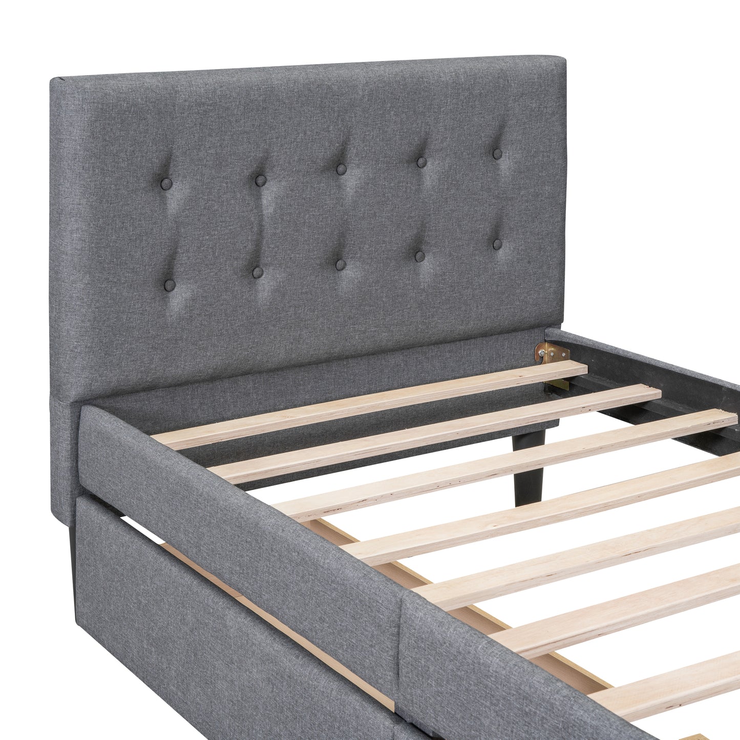 Gray upholstered bed frame with buttontufted headboard and wooden slats