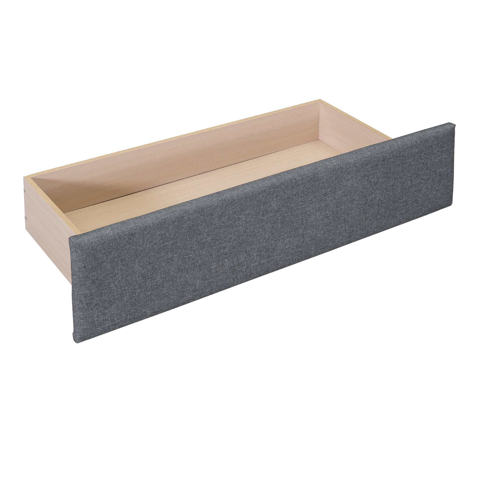 Open gray upholstered drawer with light wood interior ready for storage