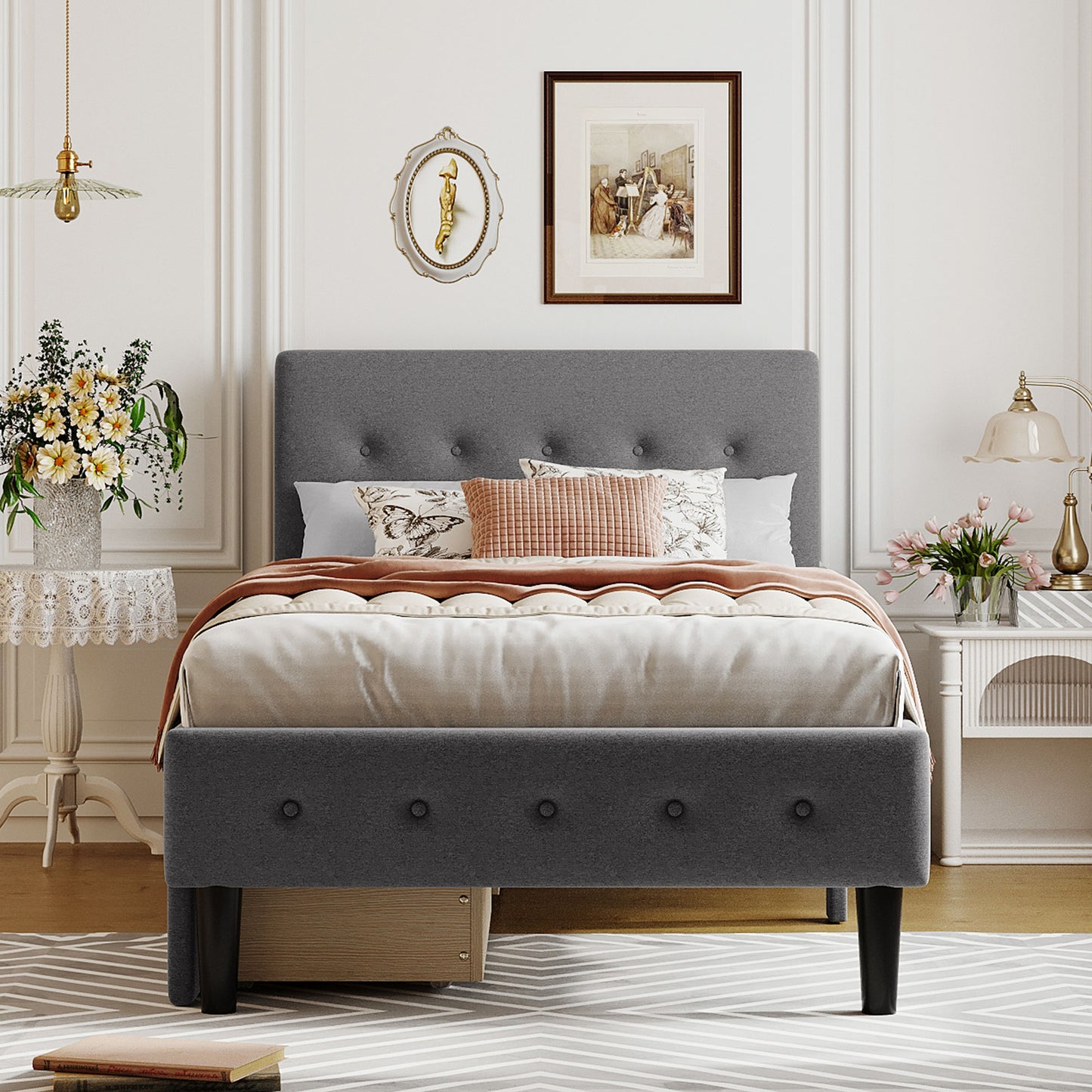 Dark gray upholstered queen bed frame with tufted headboard and footboard