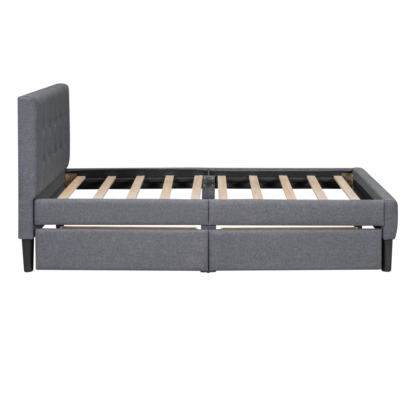 Gray upholstered bed frame with drawers and wooden slats