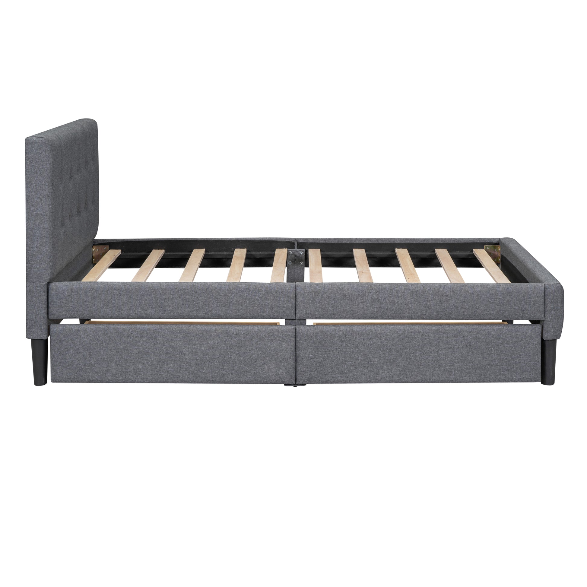Gray upholstered bed frame with drawers and wooden slats