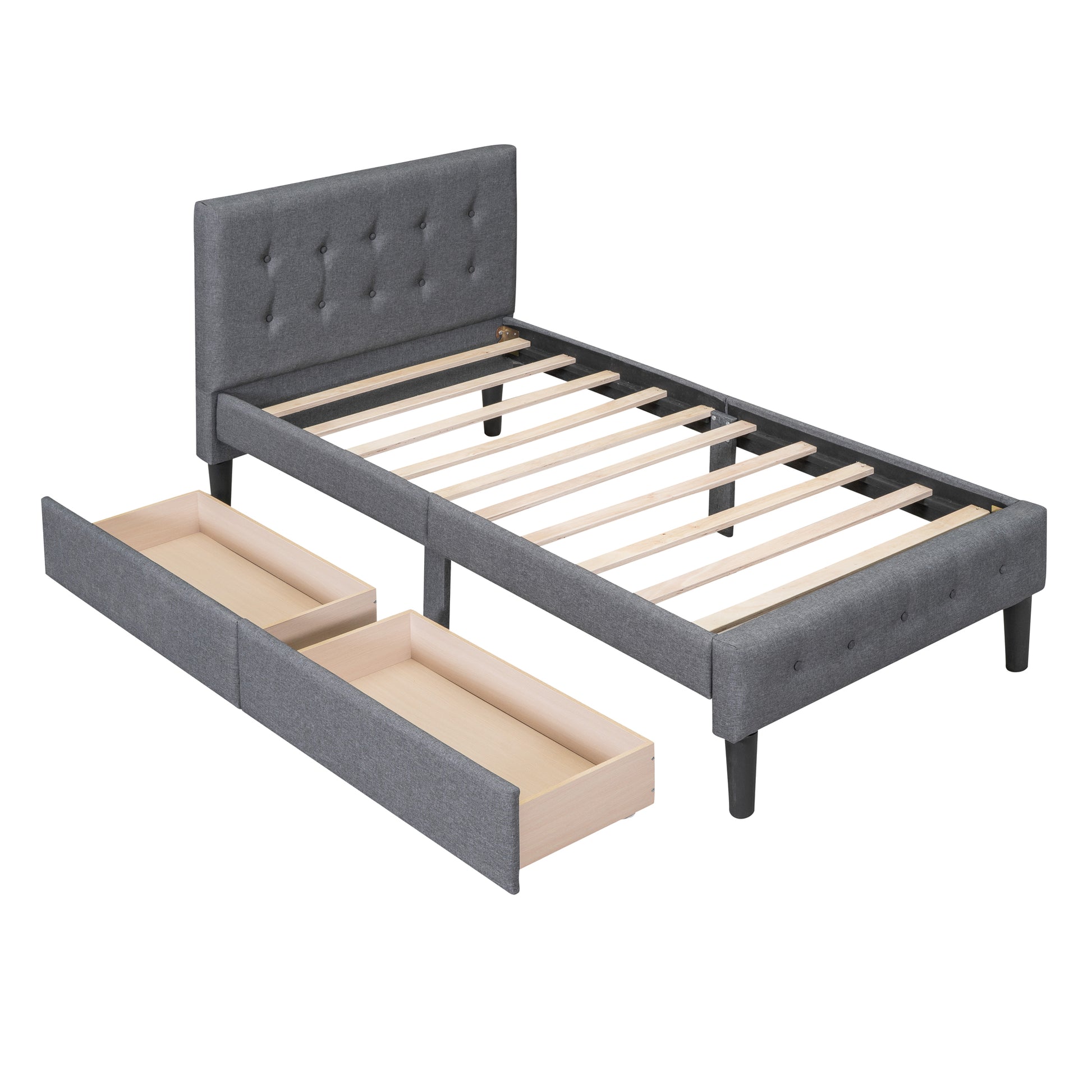Gray upholstered twin bed frame with button tufted headboard and two storage drawers
