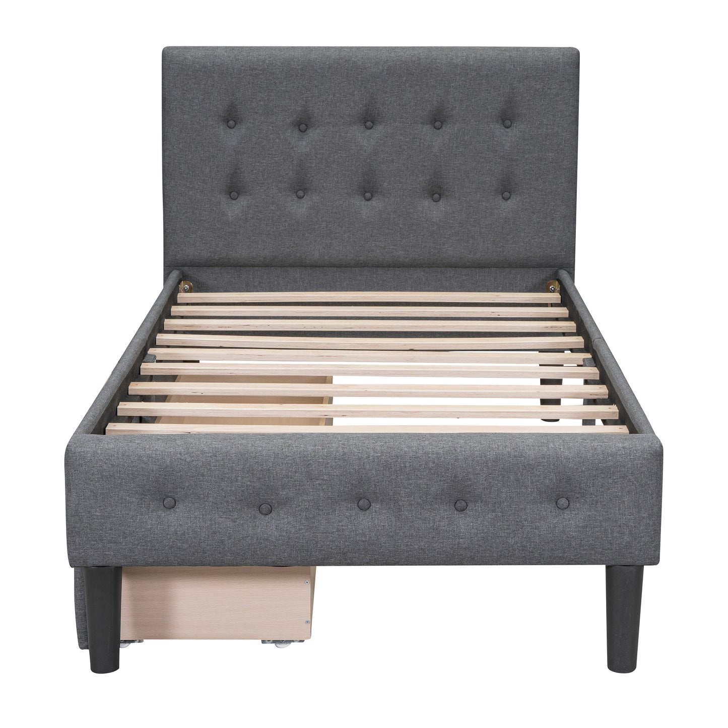 Gray upholstered twin bed frame with tufted headboard and wood slats