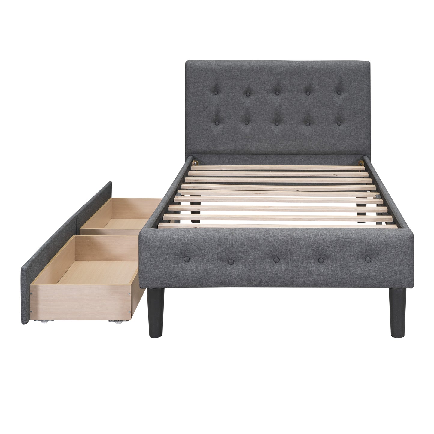 Tufted grey fabric bed frame with open storage drawers