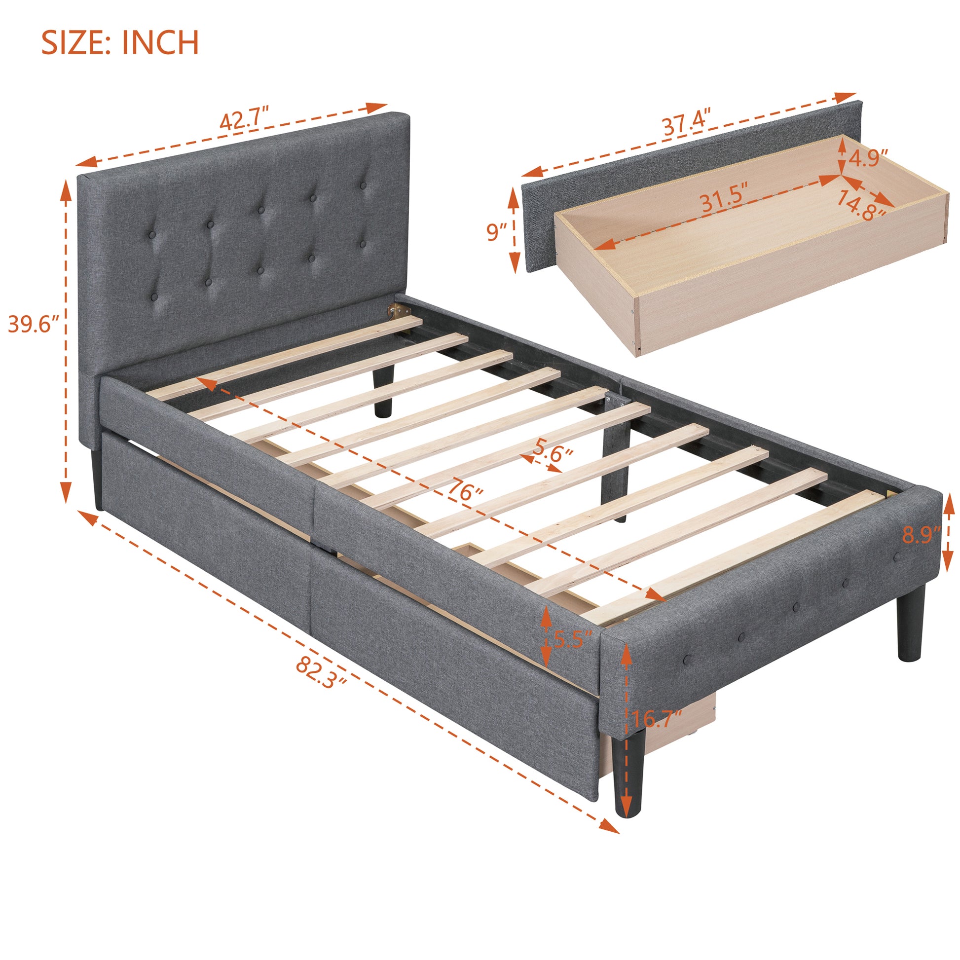 Grey upholstered twin bed frame with tufted headboard and storage drawers