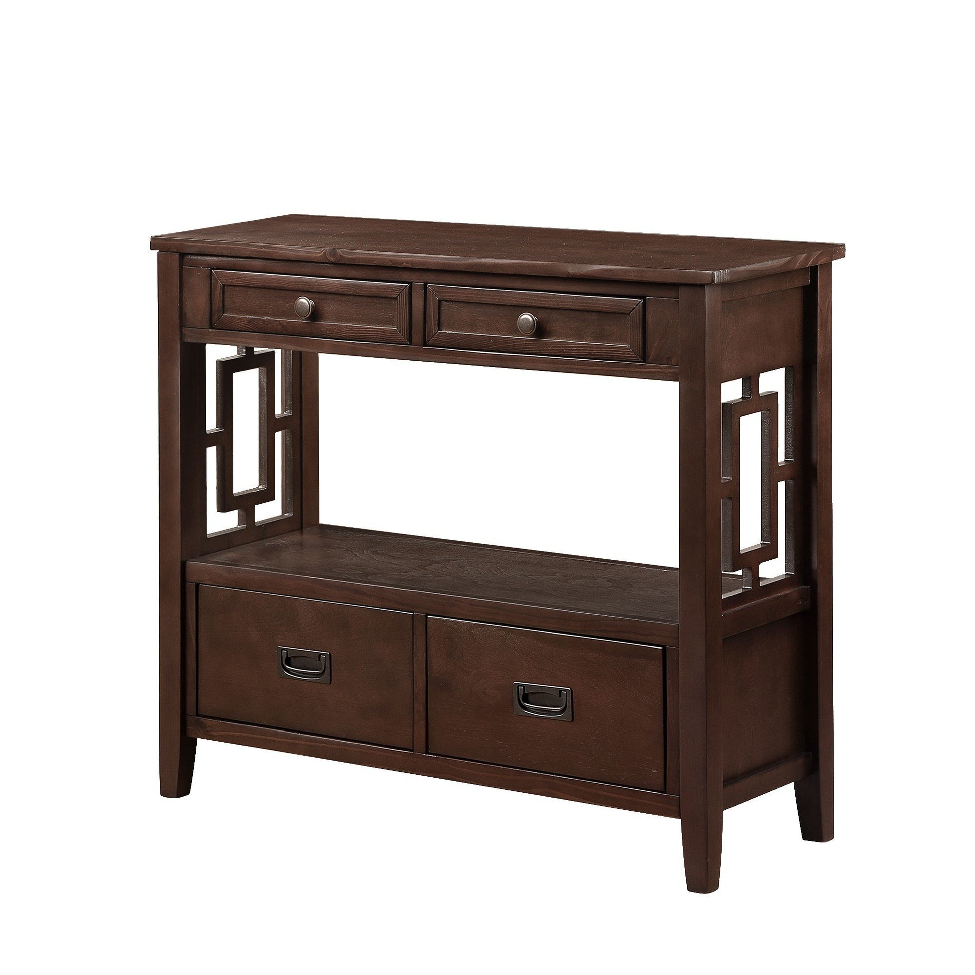 Dark brown wooden console table with two drawers on top and open shelf with decorative geometric cutouts on sides