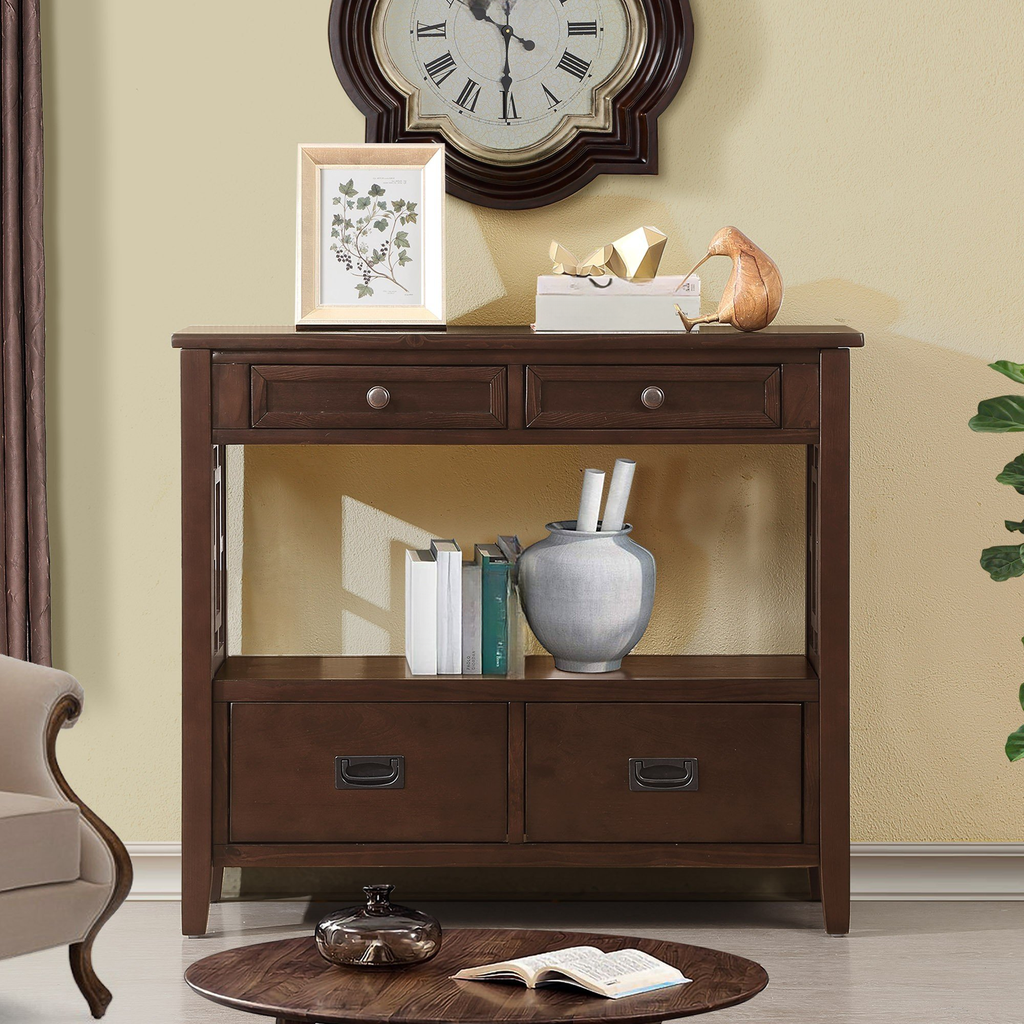 Dark brown wooden console table with two drawers and shelf