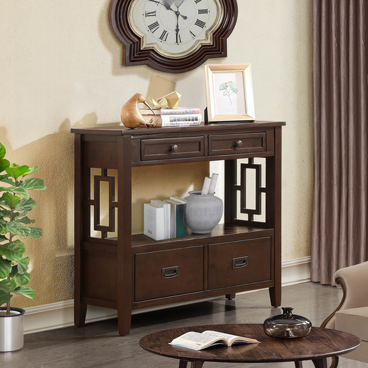 Dark brown wooden console table with decorative cutouts and storage drawers