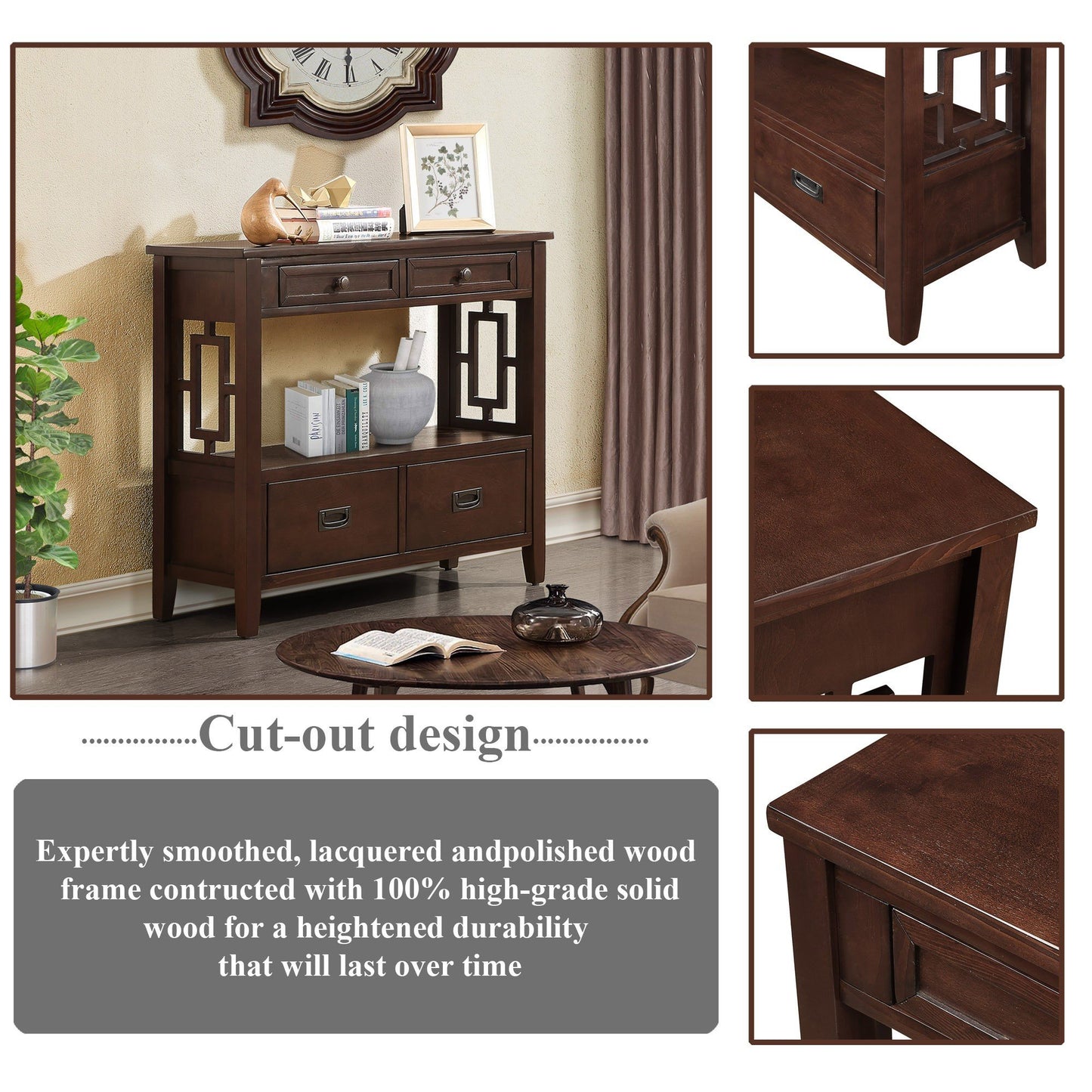 Dark wood console table with cutout accents and two drawers