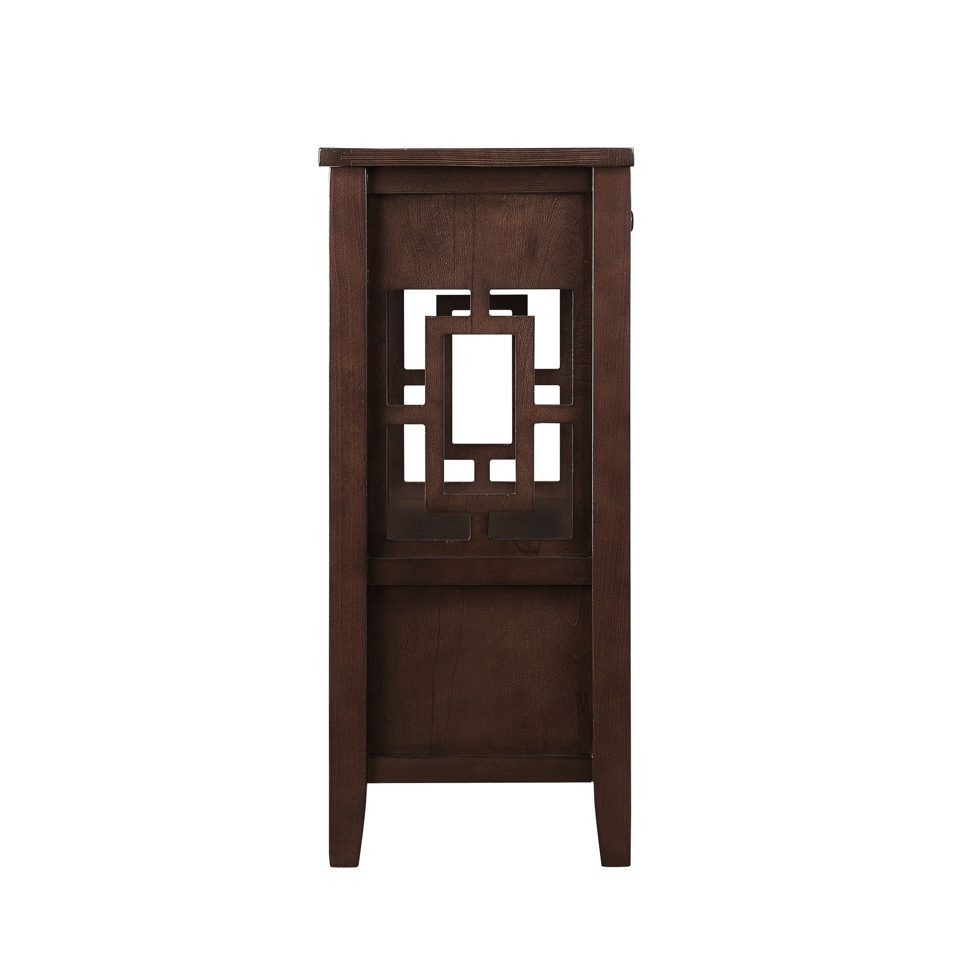 Dark wood accent cabinet with geometric cutouts a stylish entryway table