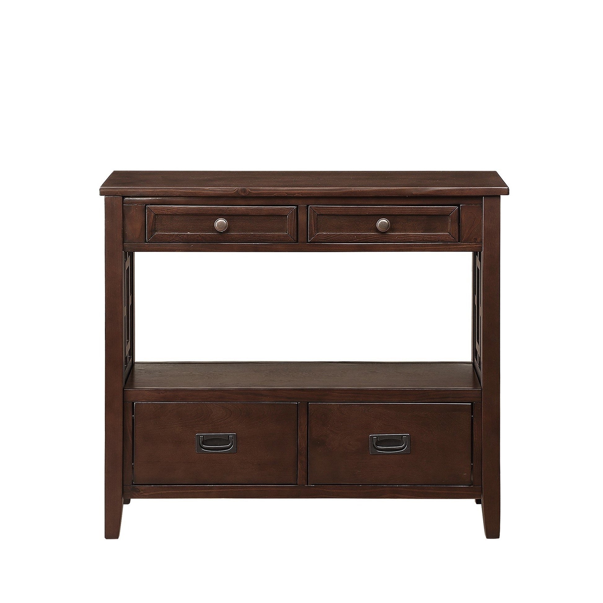 Dark brown wooden console table with four drawers and open shelving