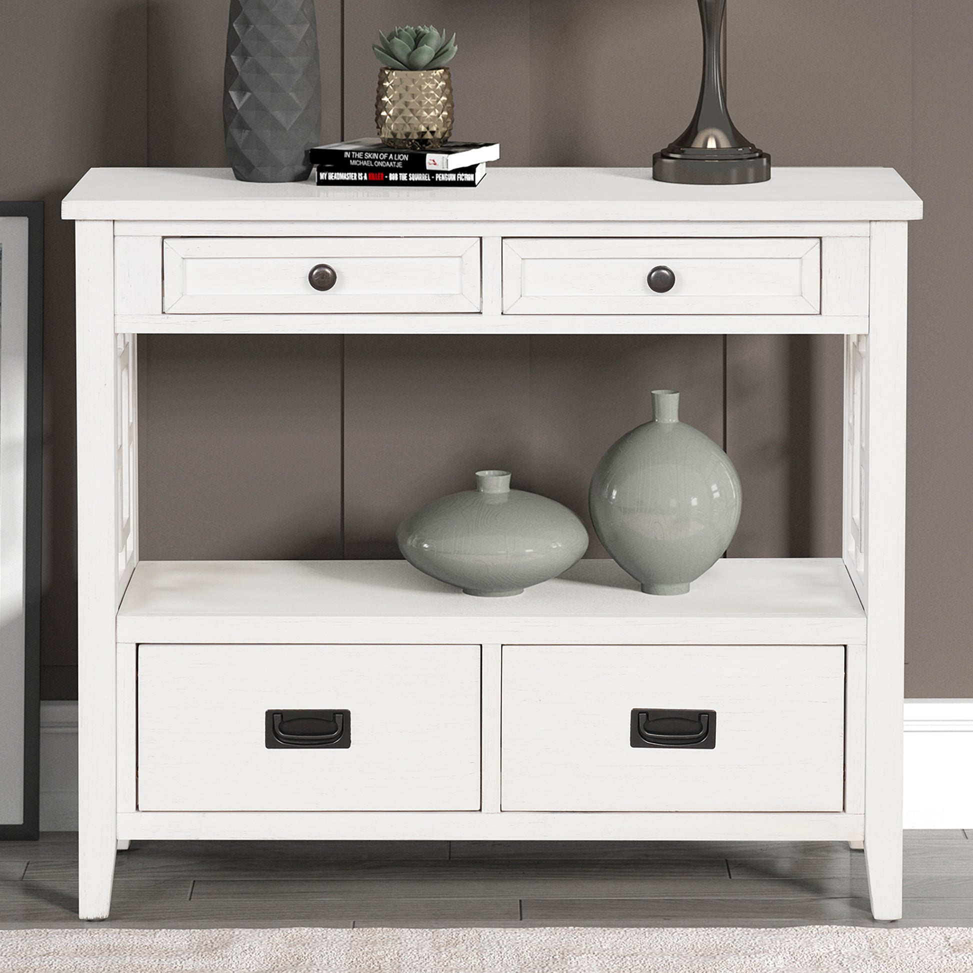 White console table with six drawers and open shelving perfect for entryways