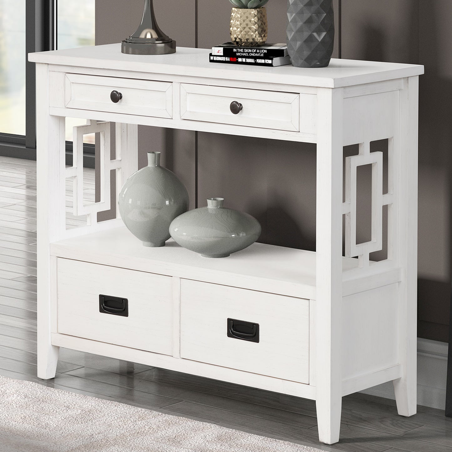 White distressed wood console table with two drawers and open shelf