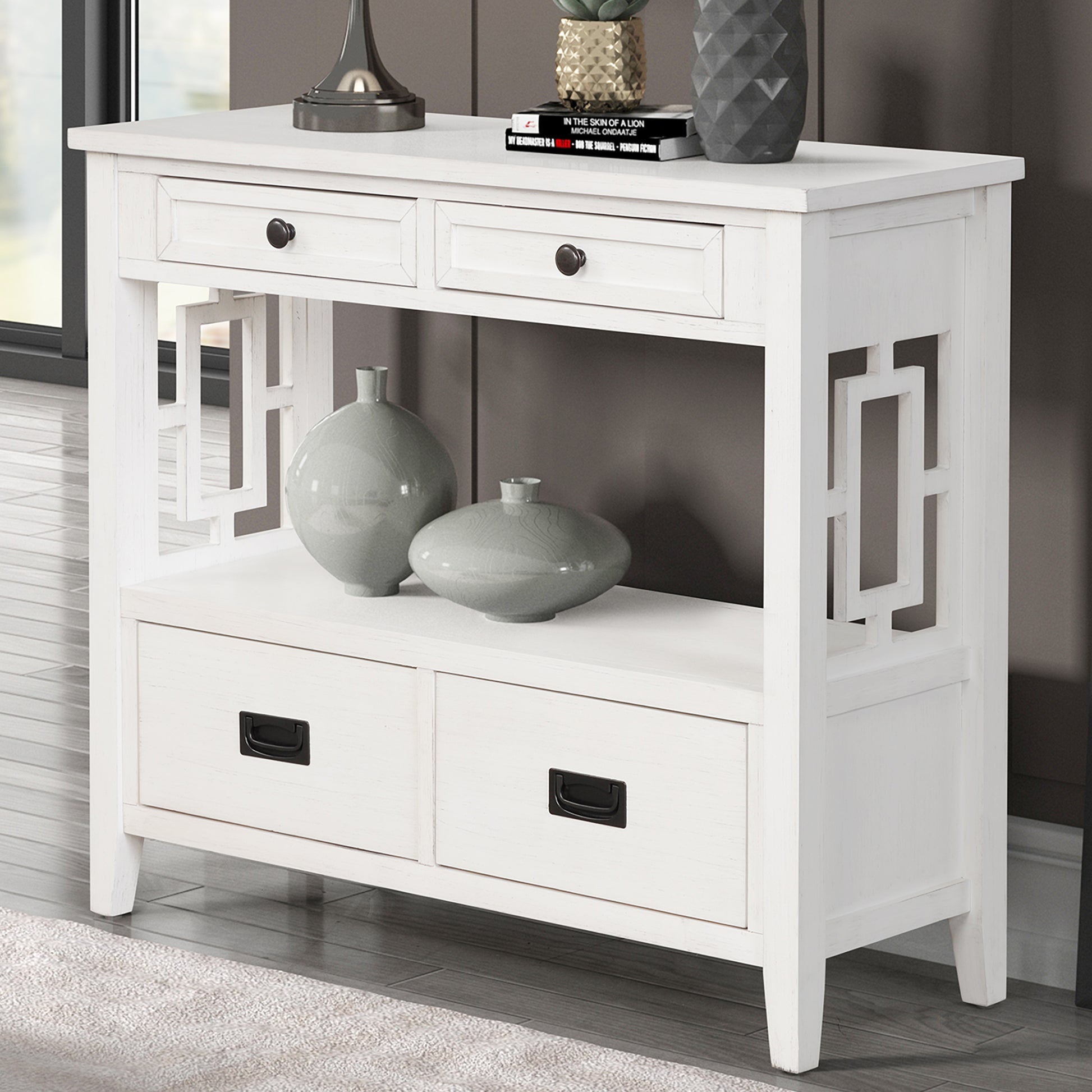 White distressed wood console table with two drawers and open shelf