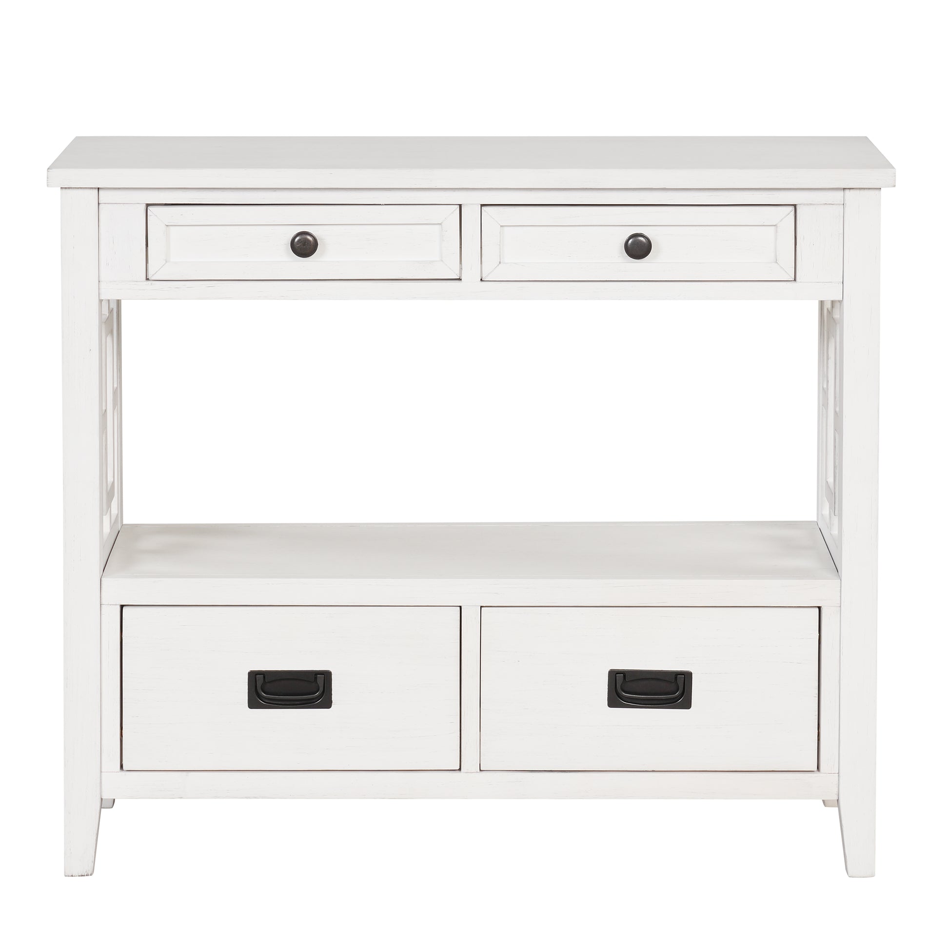 White farmhouse console table with four drawers and open shelf storage