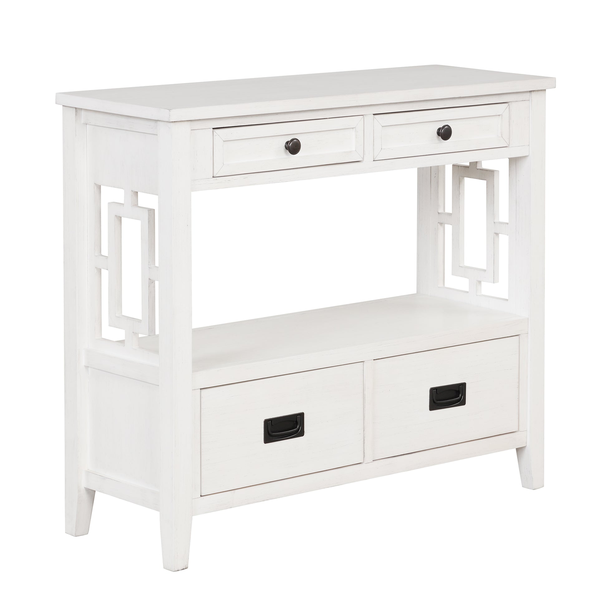 White wooden console table with two drawers and open shelf
