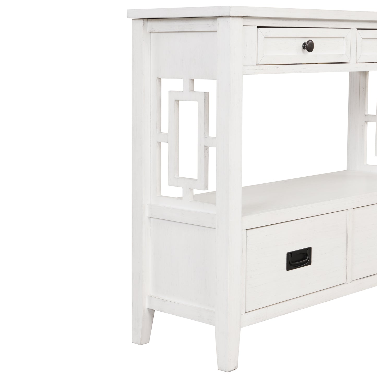 White wooden console table with geometric side panel detail and antique bronze knob