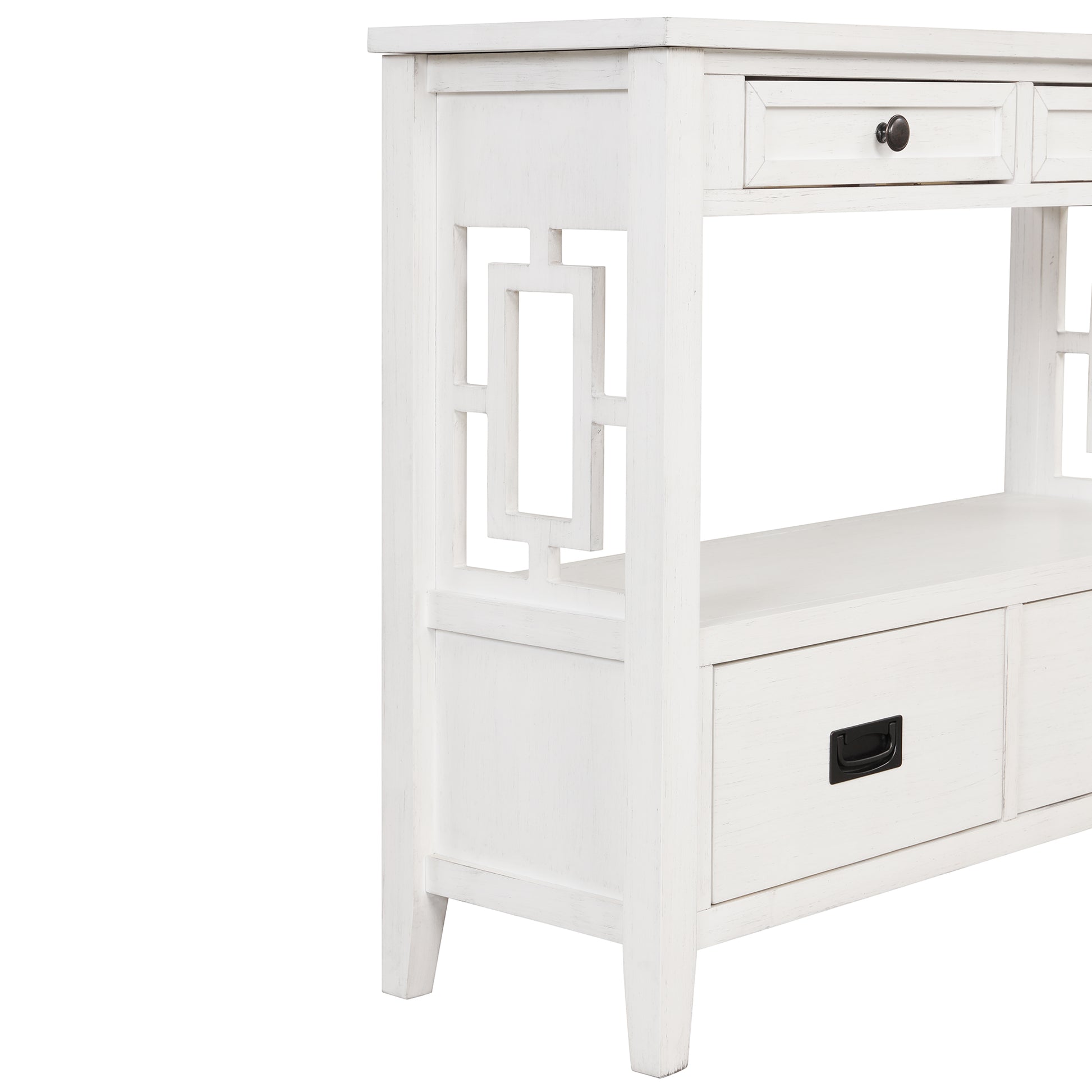White wooden console table with geometric side panel detail and antique bronze knob