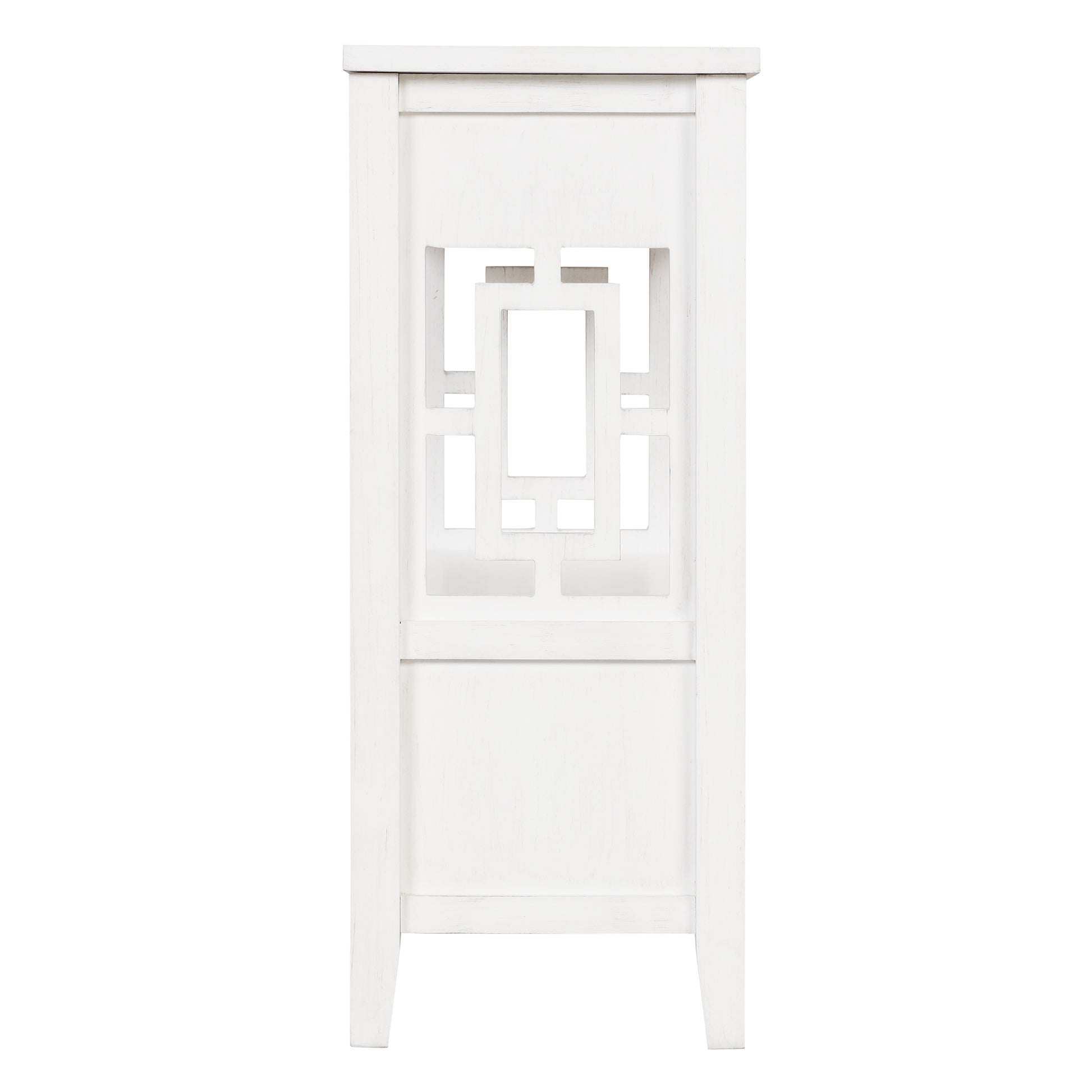 White wooden side table with geometric lattice detail on the front panel