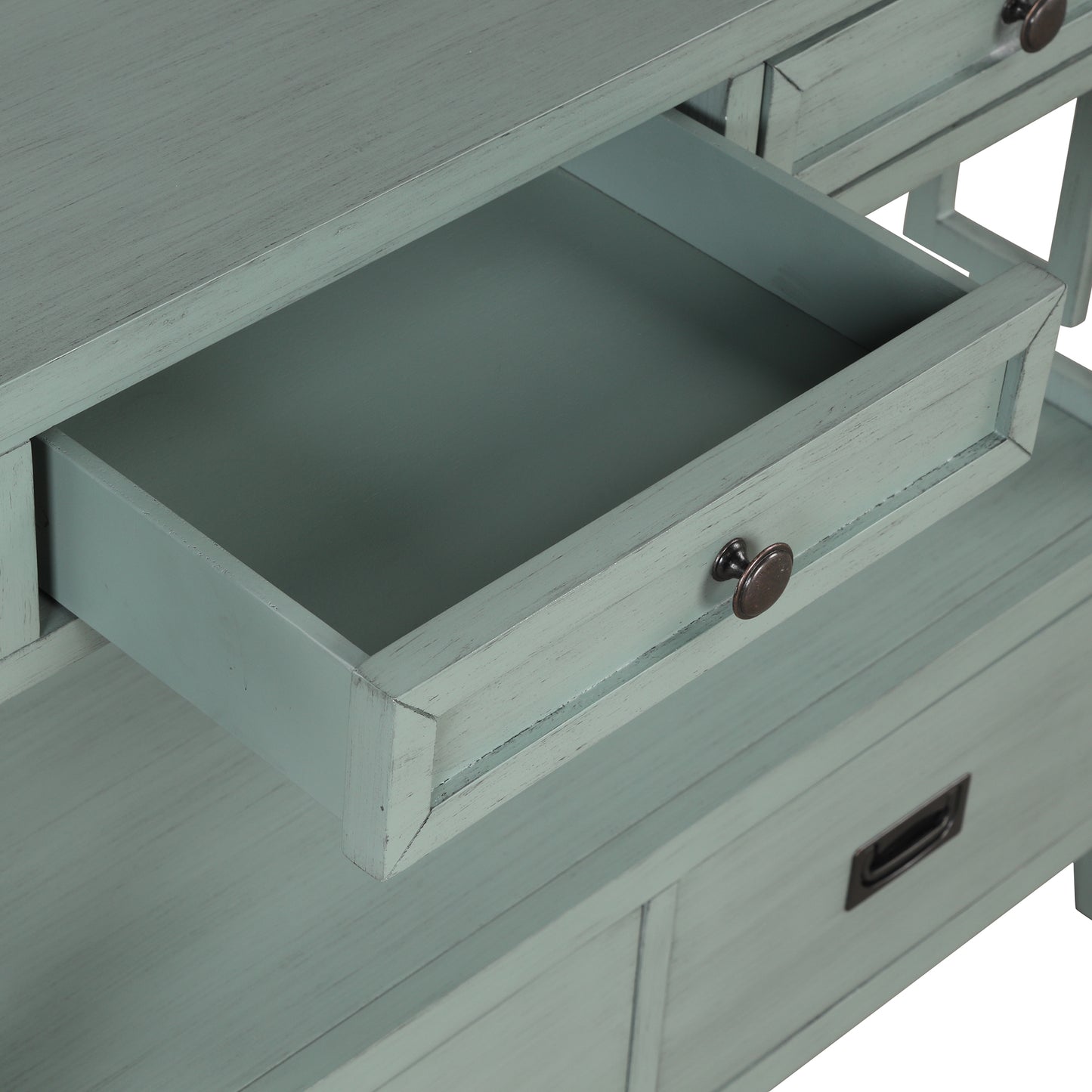 Coastal blue wood accent cabinet with an open drawer and dark bronze hardware