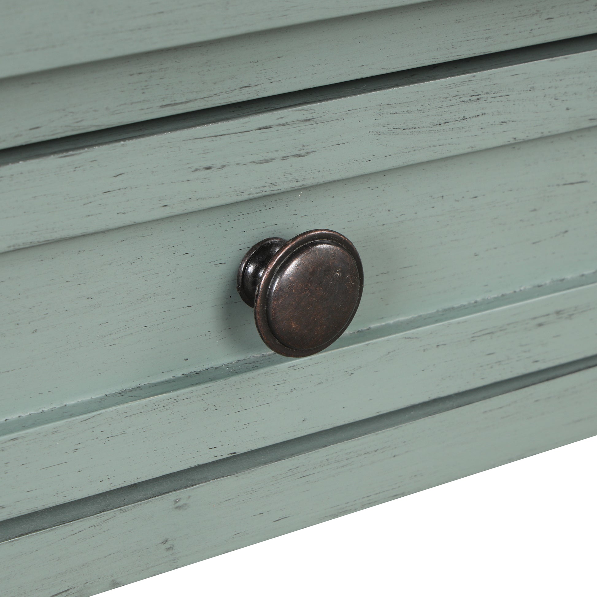 Distressed blue dresser drawer with antique bronze knob coastal style accent furniture