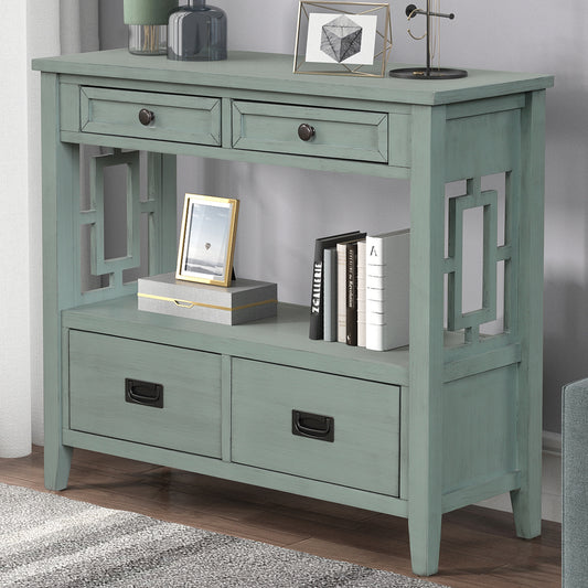 Blue distressed console table with geometric side cutouts and four drawers