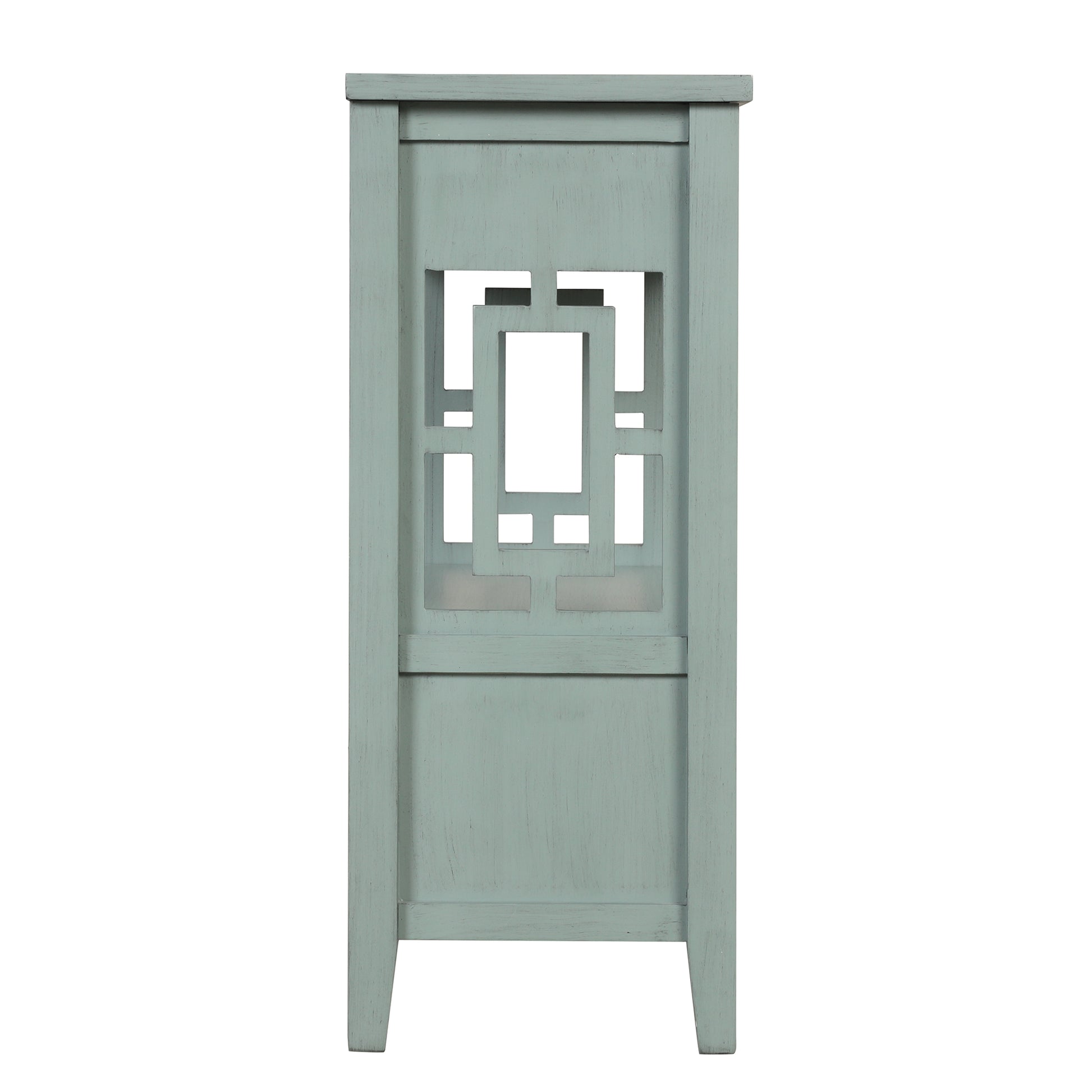 Distressed blue wooden accent cabinet with geometric open fretwork detail