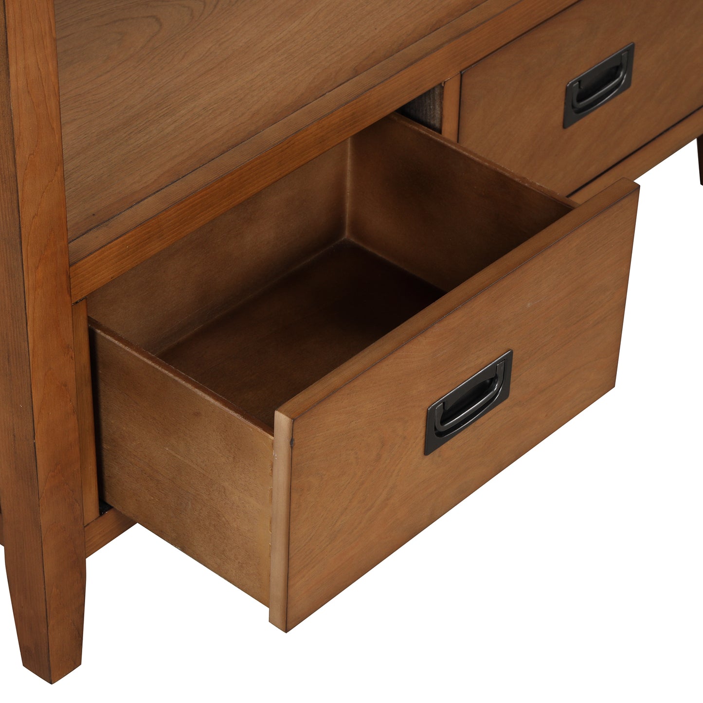 Warm oak dresser with one open drawer and a black pull handle