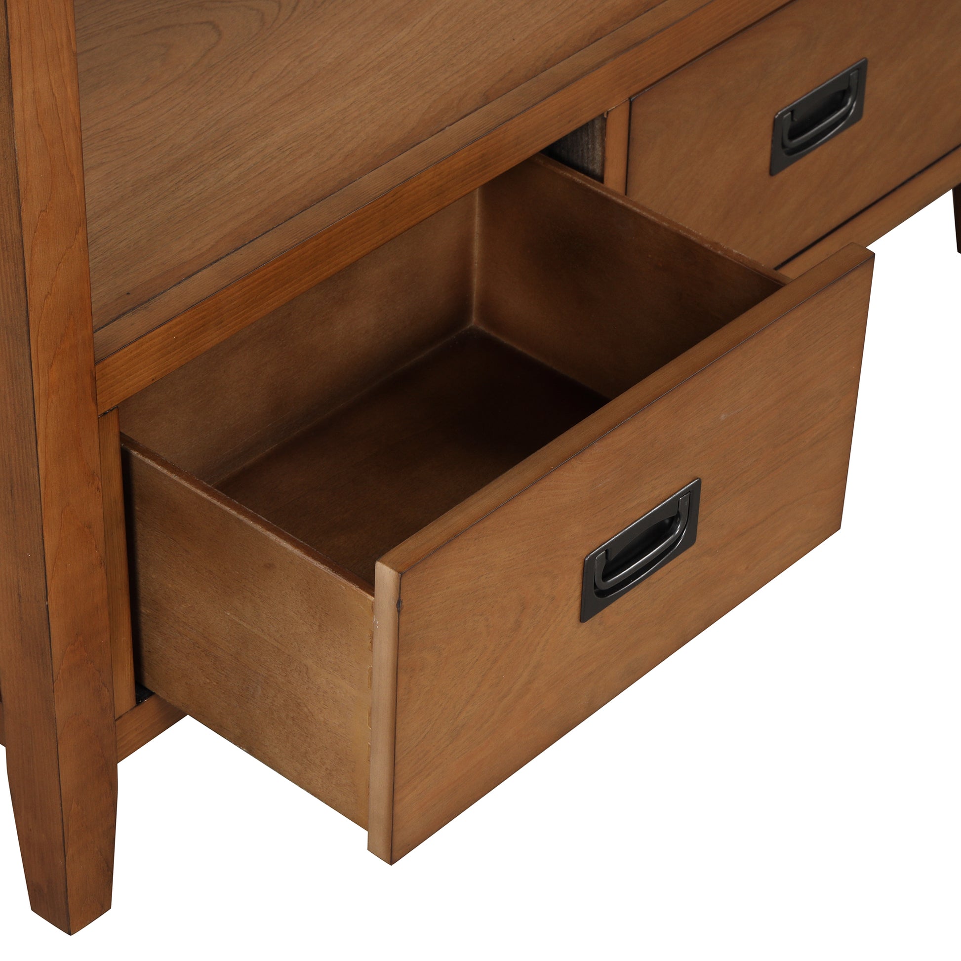 Warm oak dresser with one open drawer and a black pull handle