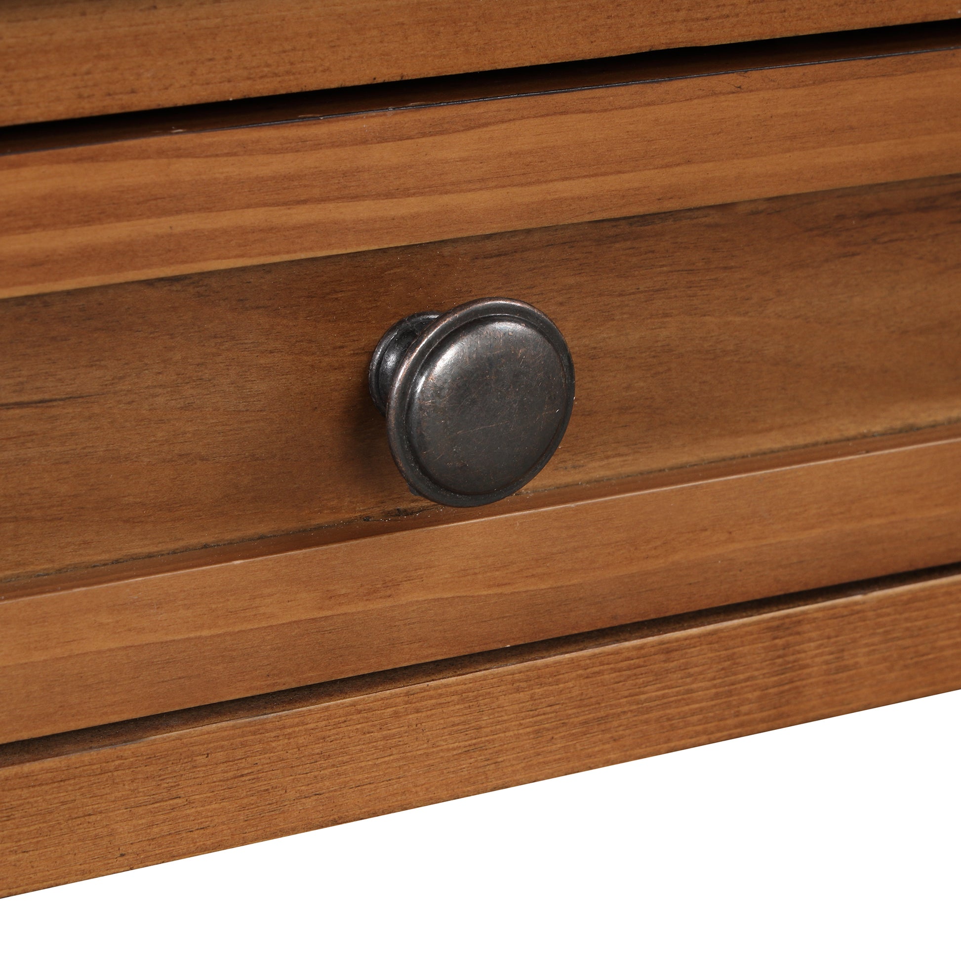 Wooden dresser drawer front with antique bronze knob