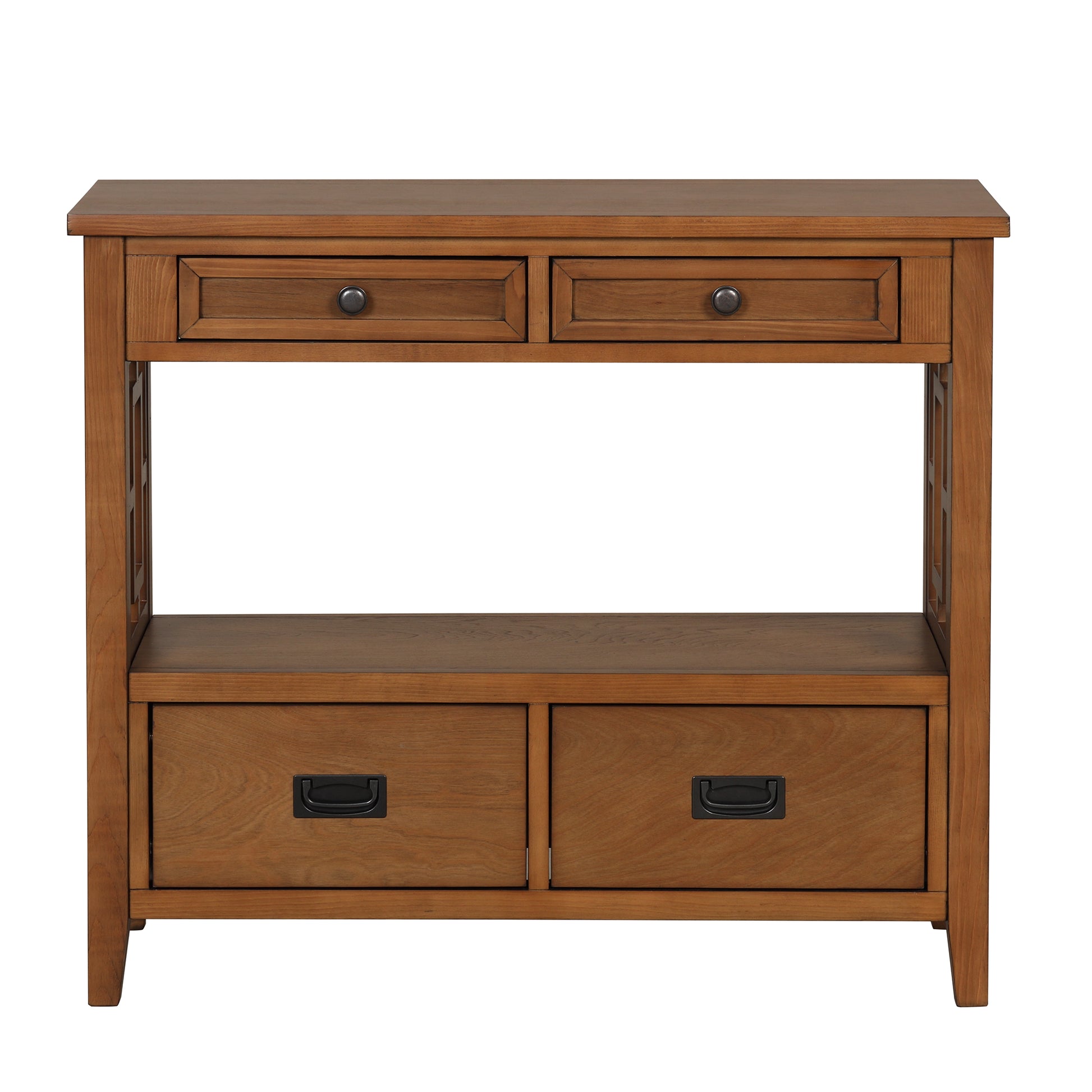 Brown wood console table with two top drawers and two lower drawers
