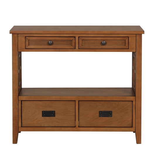 Brown wood console table with two top drawers and two lower drawers
