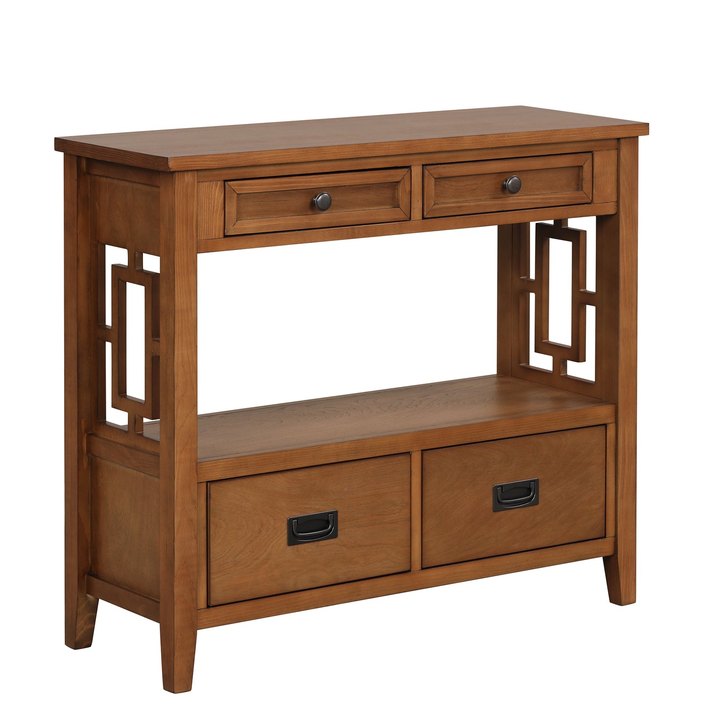 Warm oak console table with geometric side cutouts and six drawers