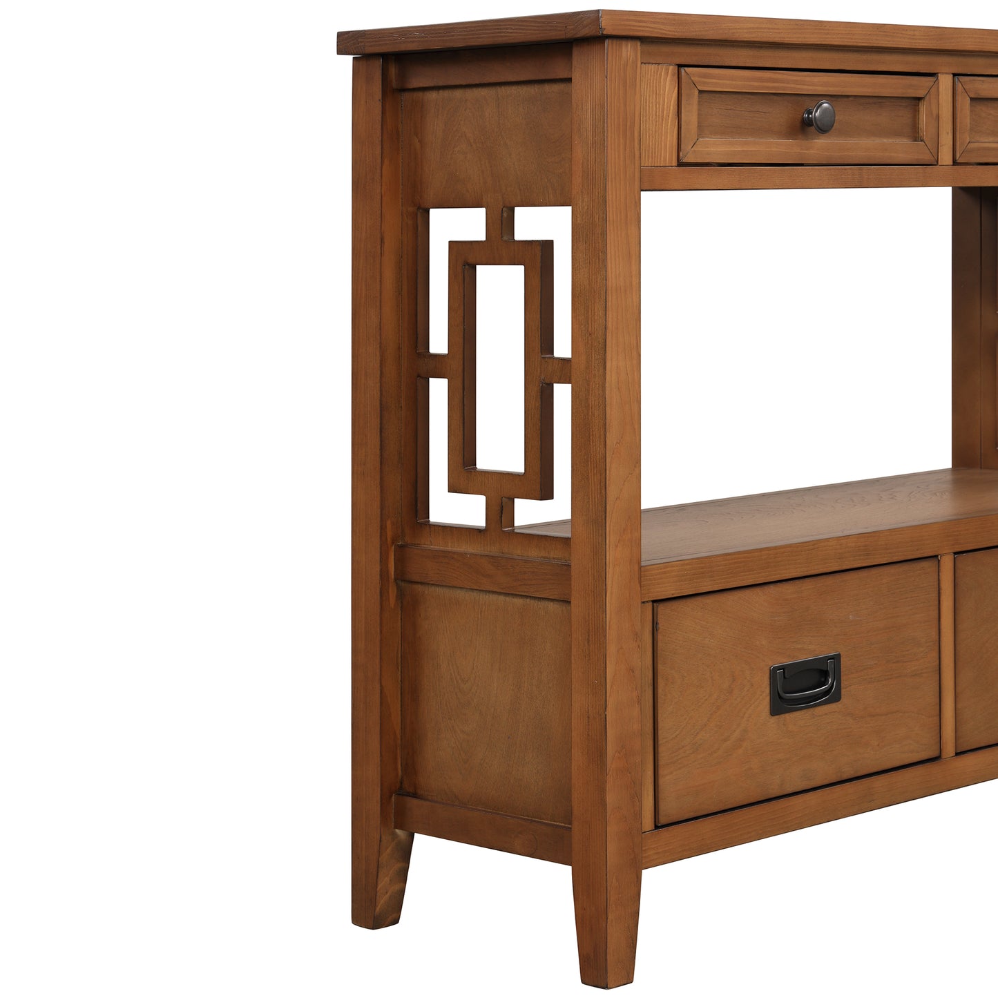 Warm brown wood console table with open shelf and geometric cutouts