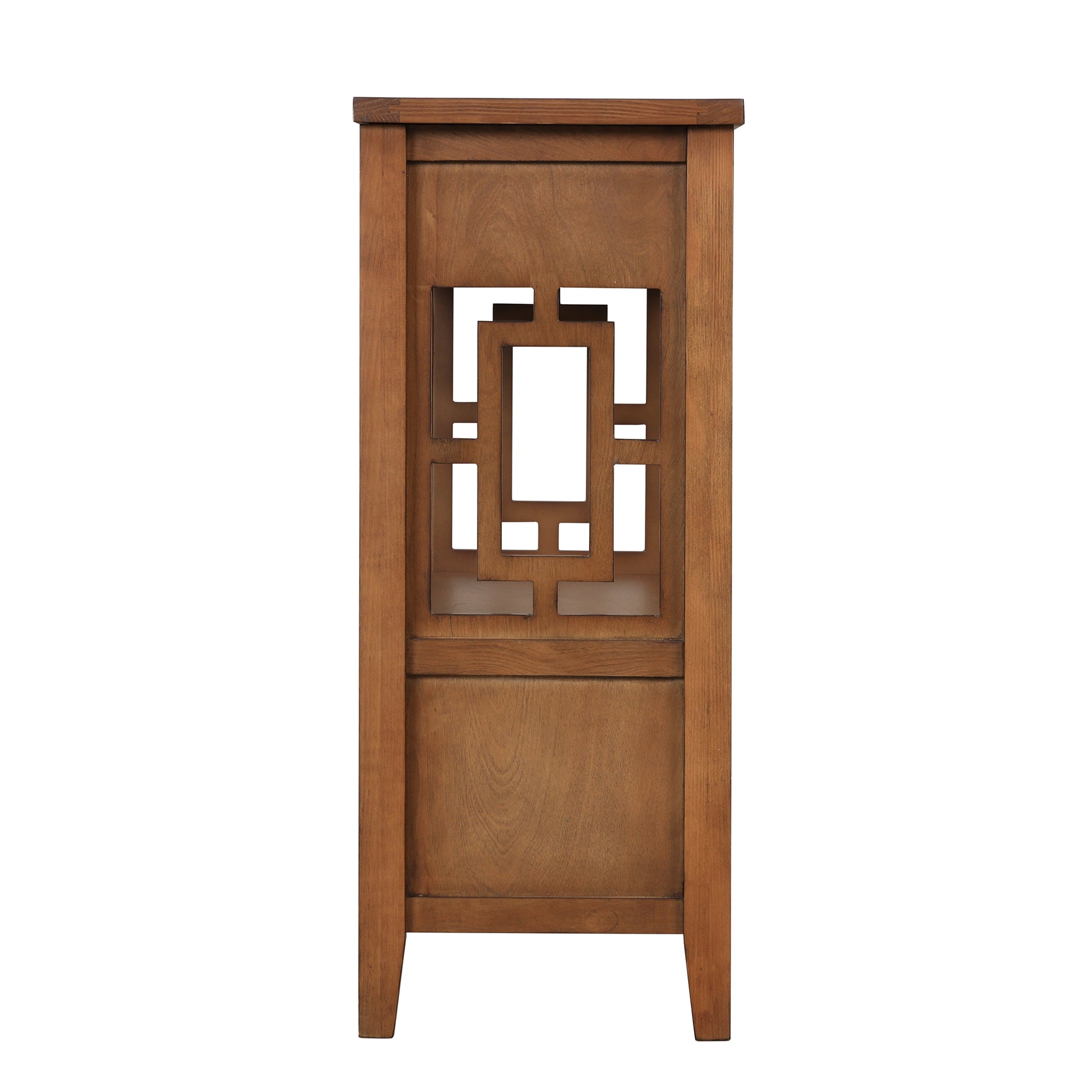 Ornate wooden plant stand with geometric cutout detail