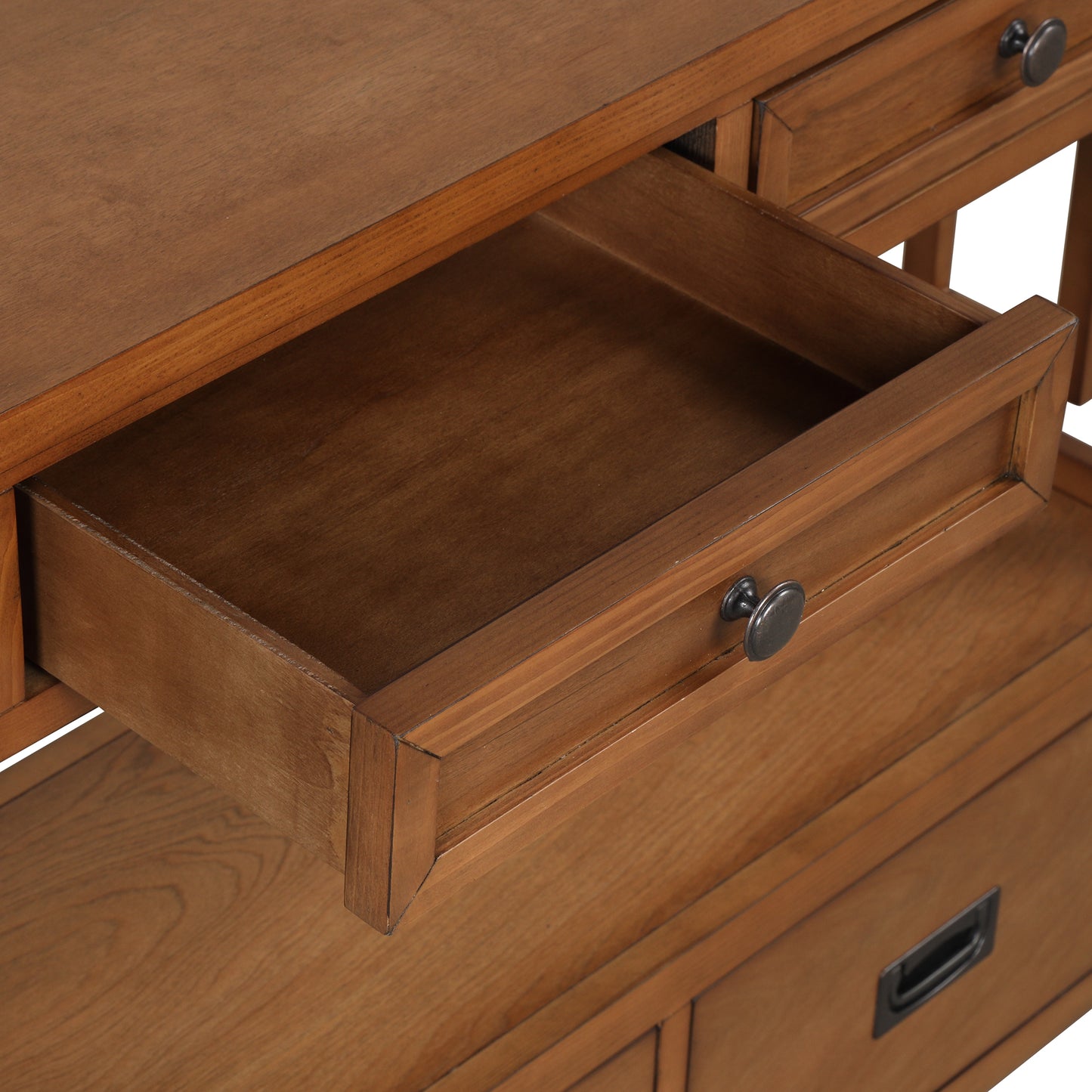 Rustic oak console table with open drawer and dark metal hardware