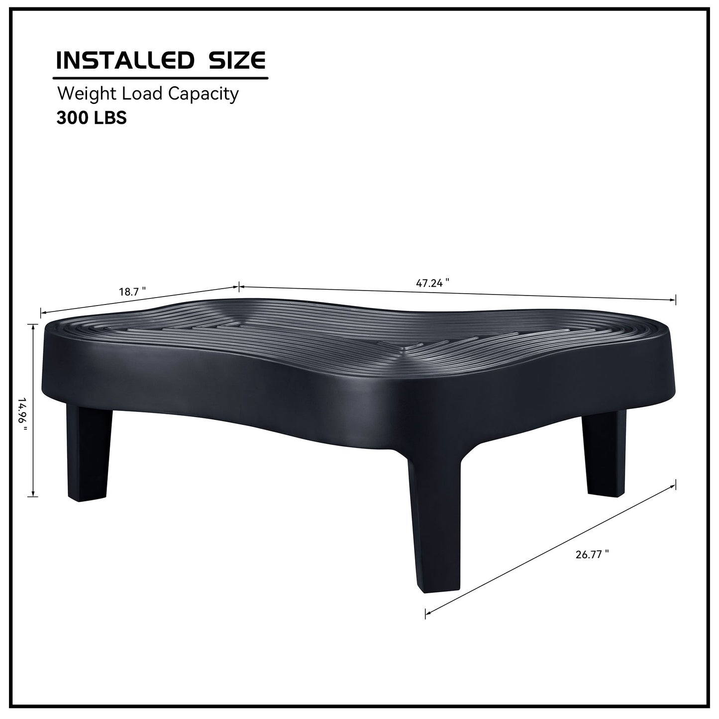 Black plastic step stool with textured surface and sturdy legs  lbs capacity