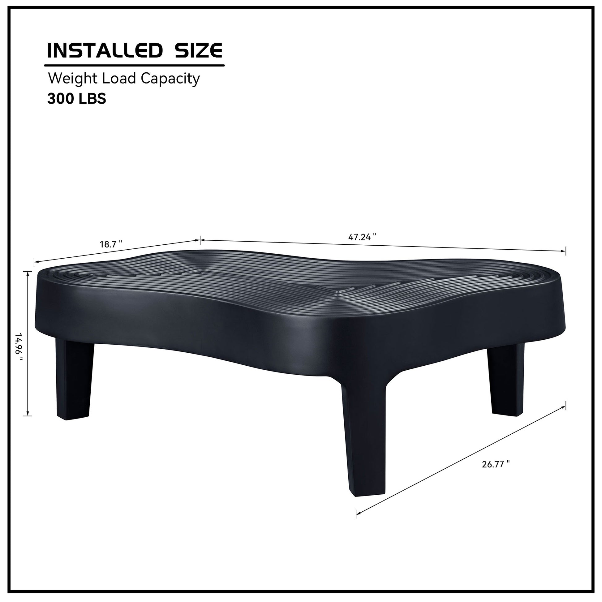 Black plastic step stool with textured surface and sturdy legs  lbs capacity