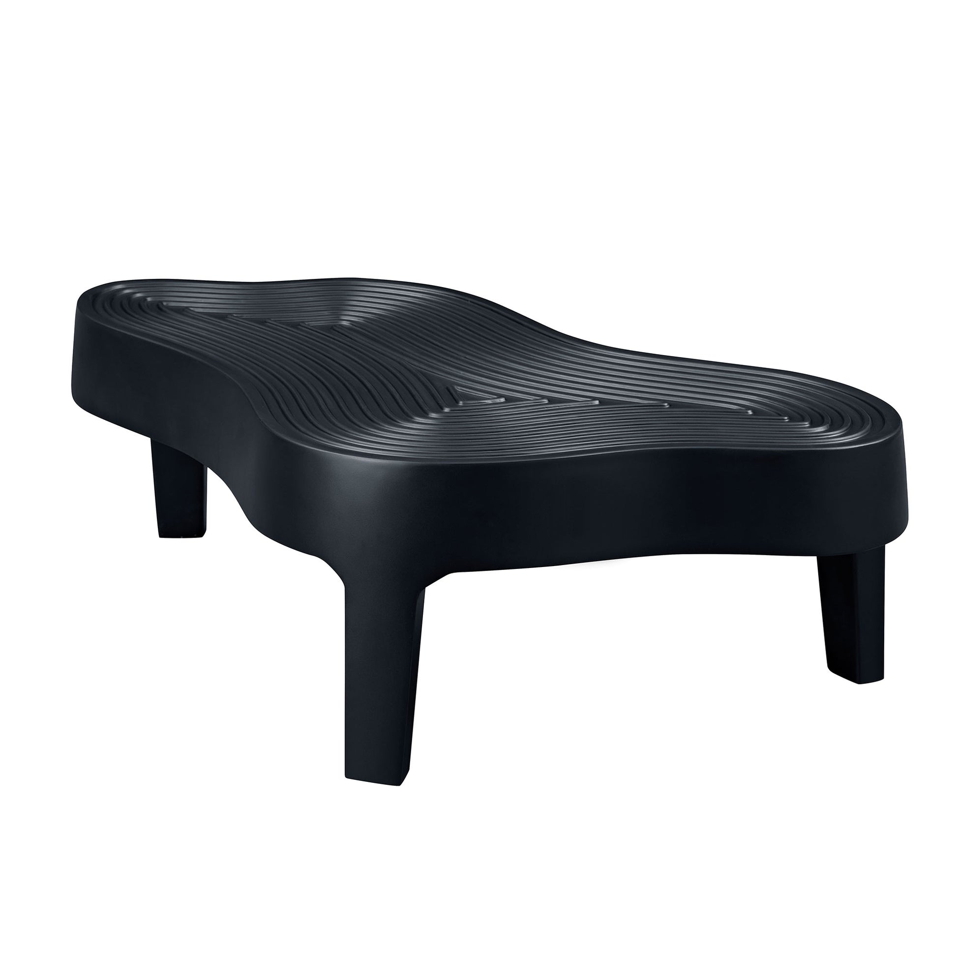 Black curved plastic step stool with textured surface and four legs