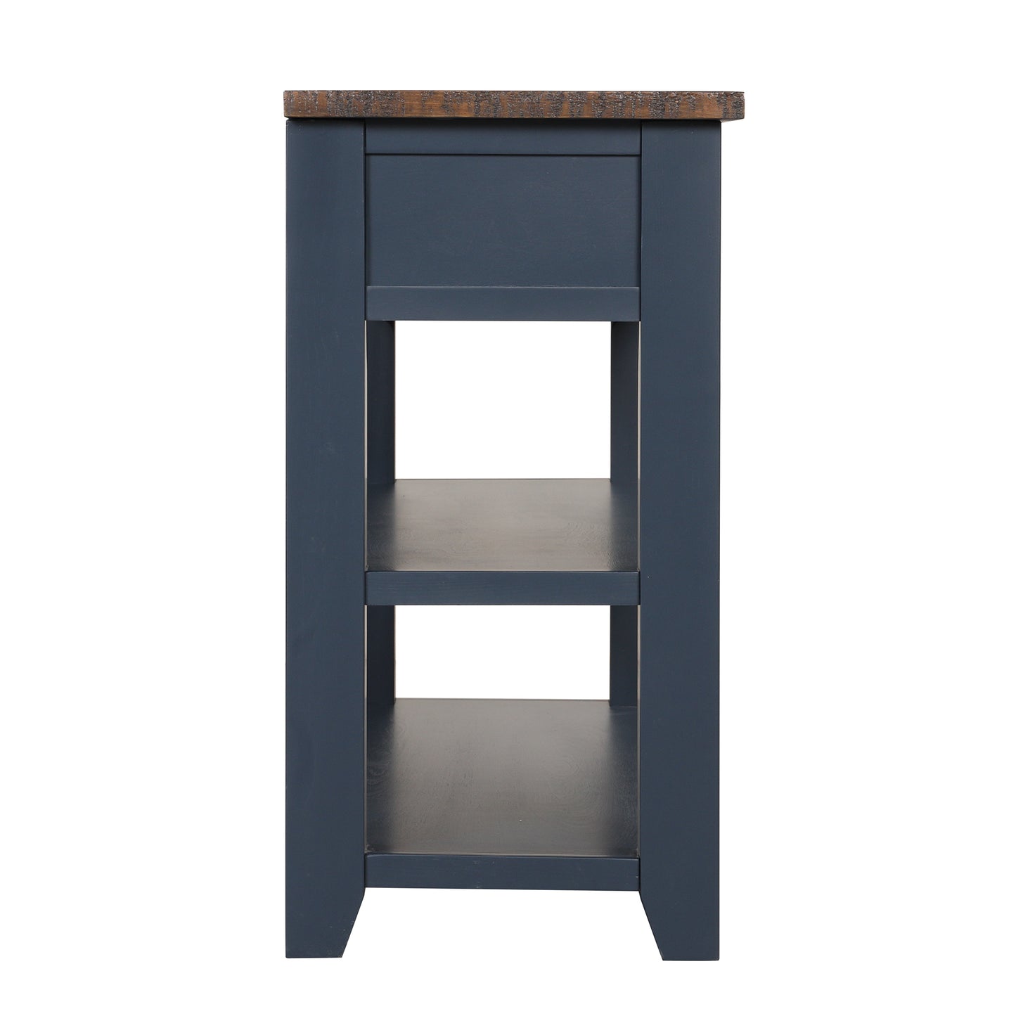 Dark blue console table with rustic wood top and two open shelves