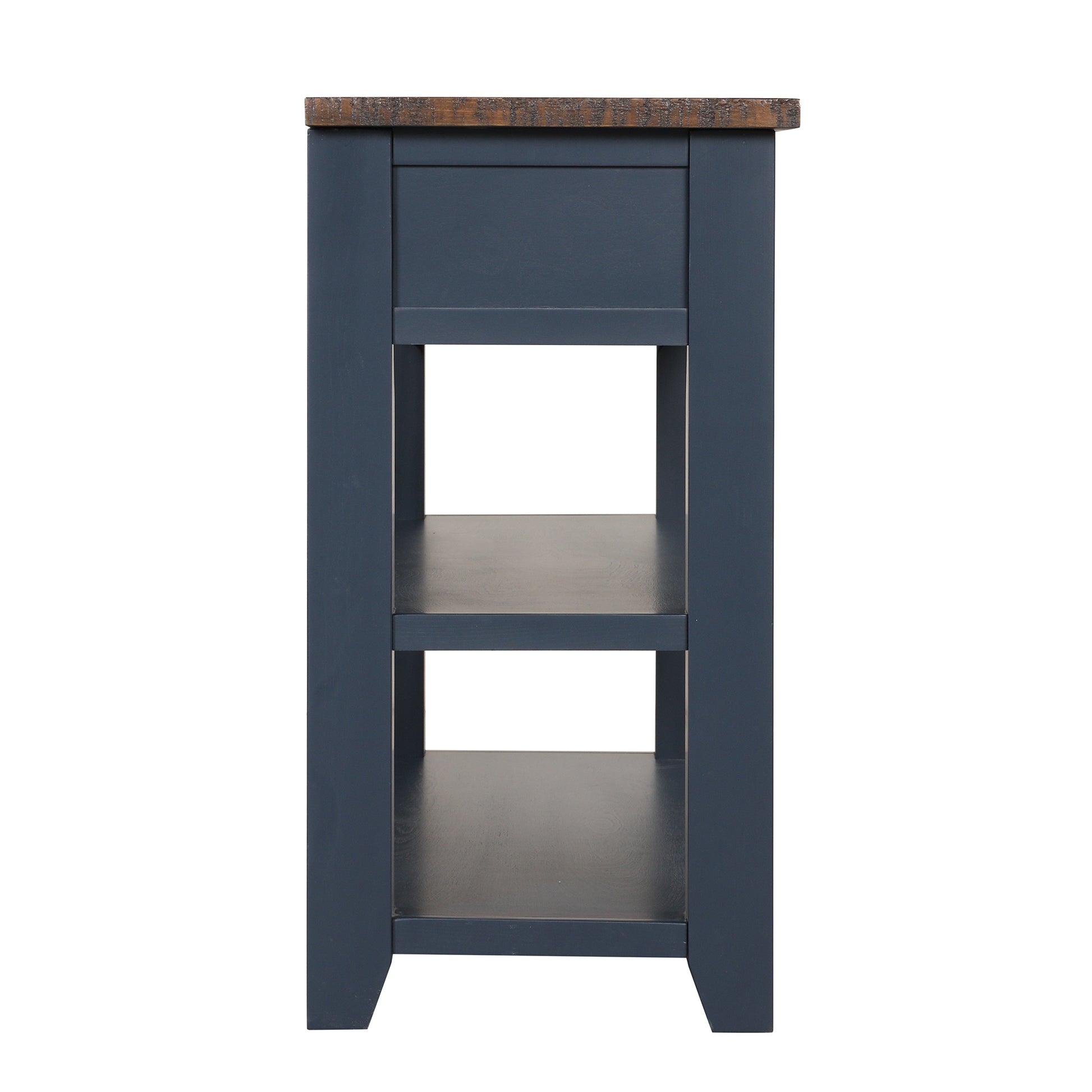 Dark blue console table with rustic wood top and two open shelves