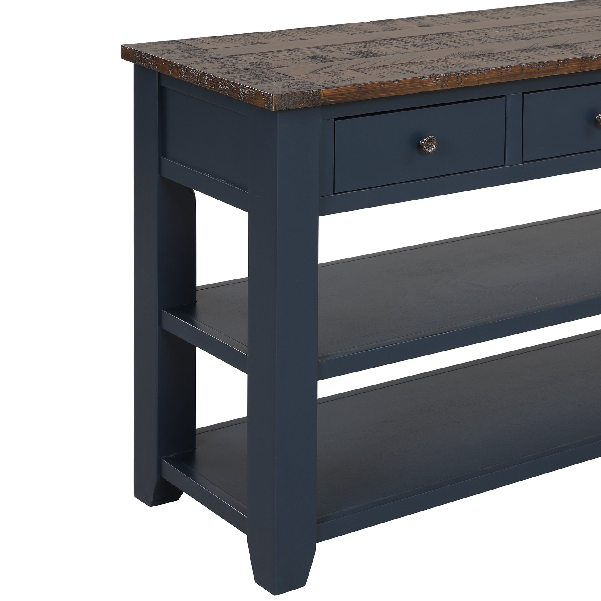 Dark blue console table with rustic wood top and two drawers  characters
