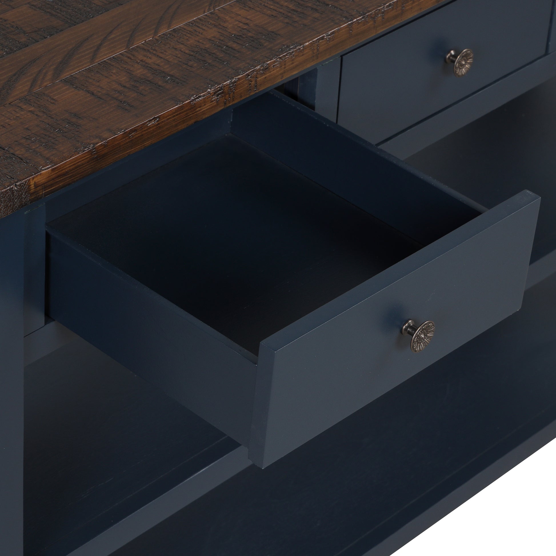 Dark blue wooden console table with one open drawer and distressed wood top