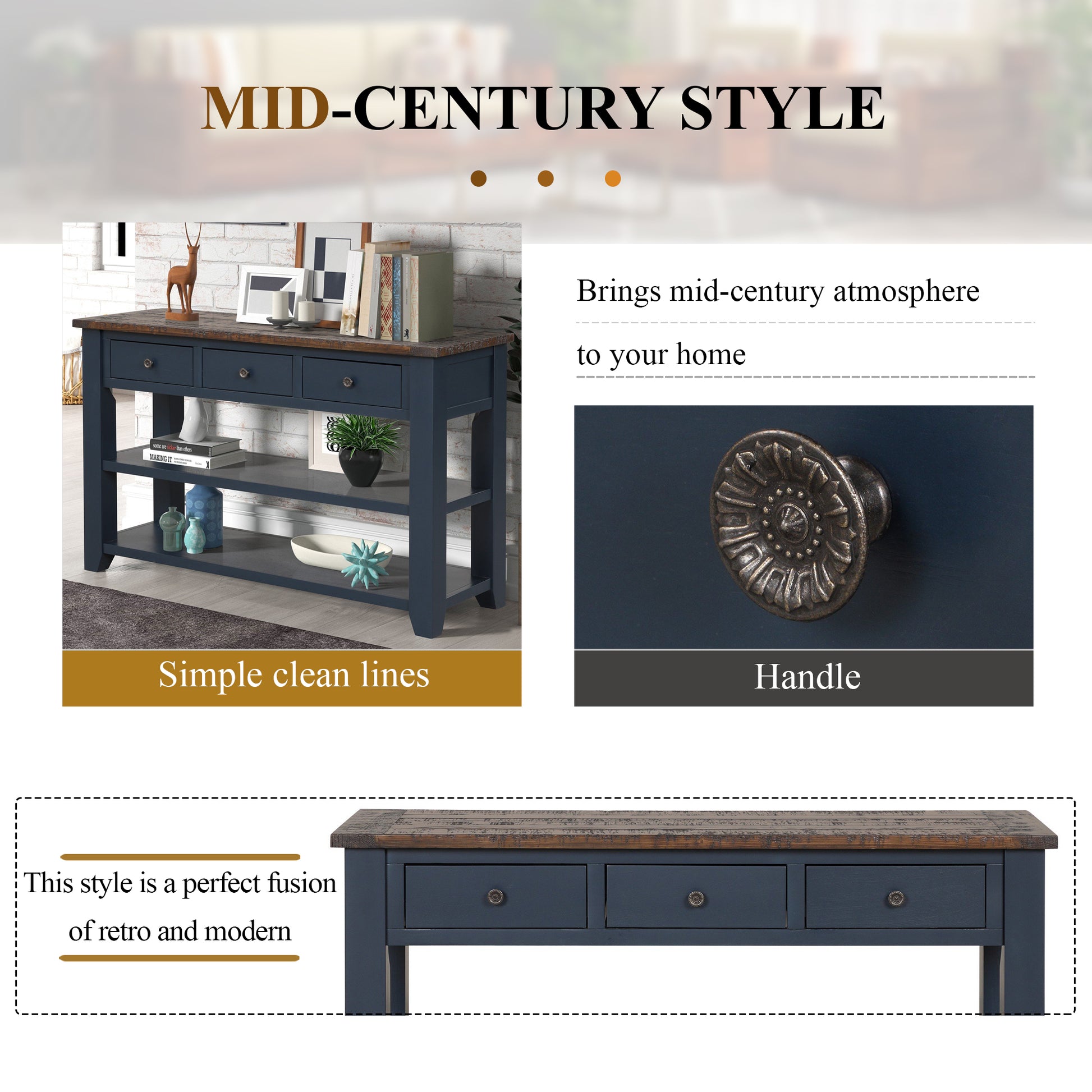 Navy blue console table with distressed wood top and three drawers